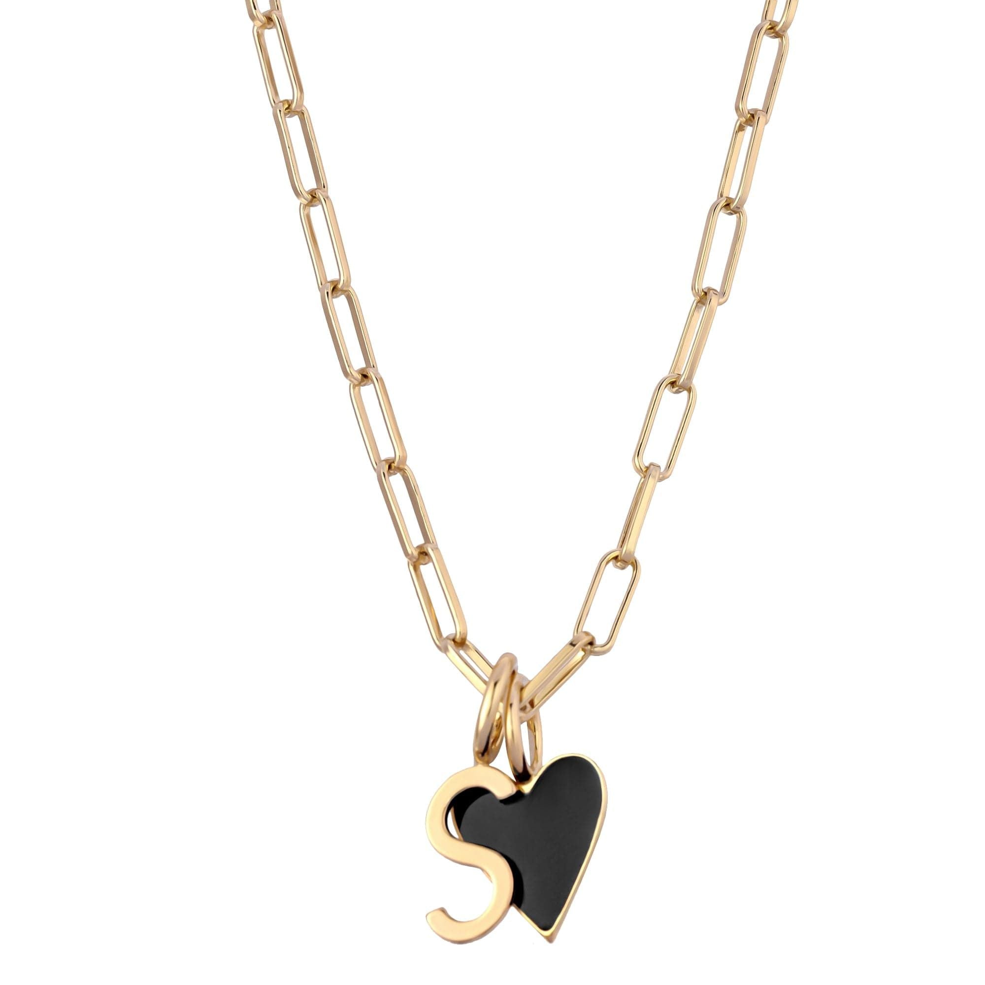 Gold chain necklace with black heart and S charm, featuring elongated link chain style