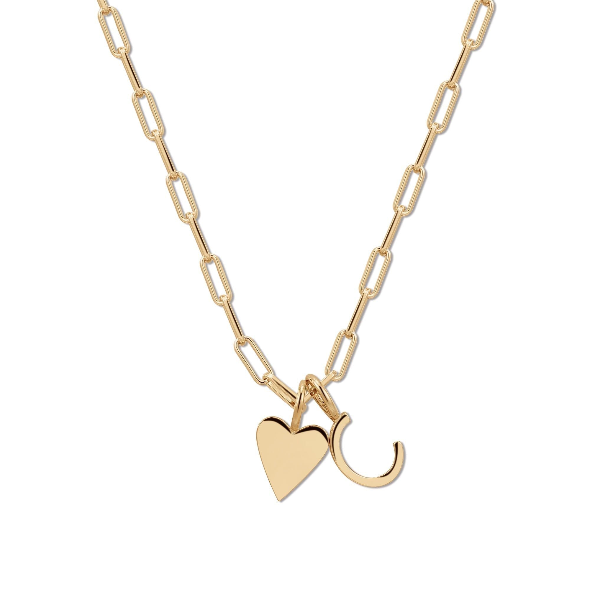 Gold chain necklace with heart and crescent charms, part of the Cara Charm Necklace collection