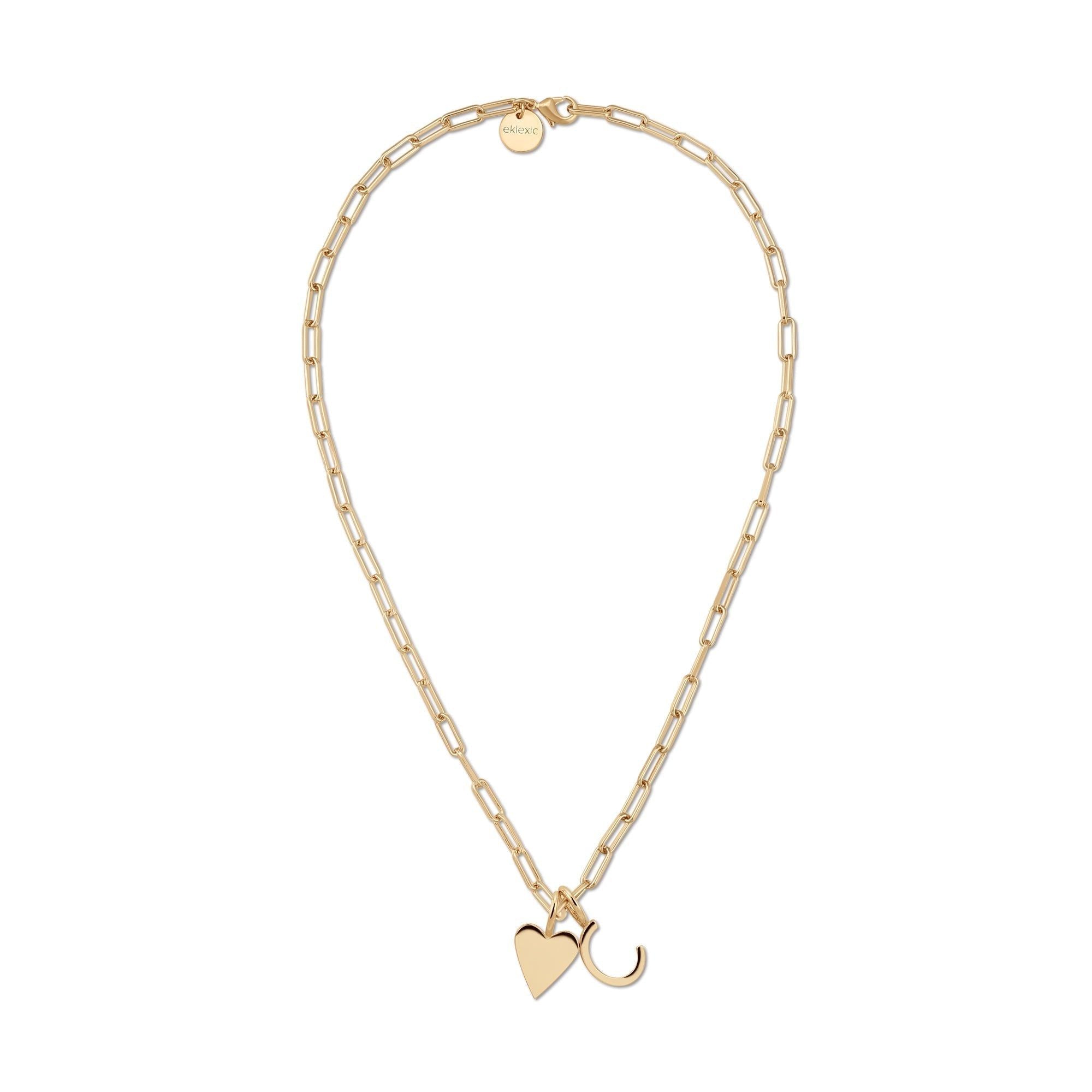 Gold Cara Charm Necklace featuring heart and crescent charms on an elongated link chain