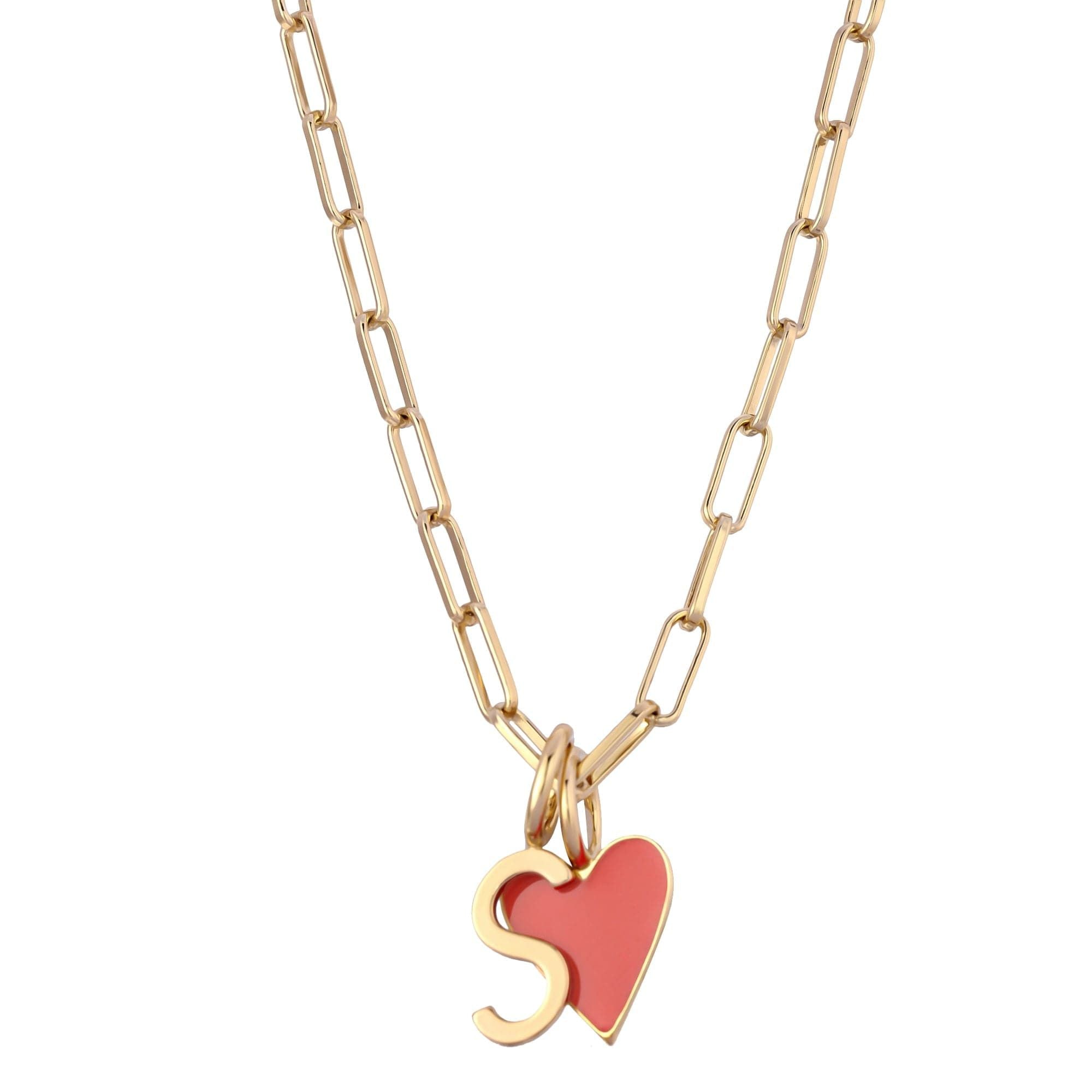 Gold chain necklace with heart and letter charm, featuring Cara Red Enamel design