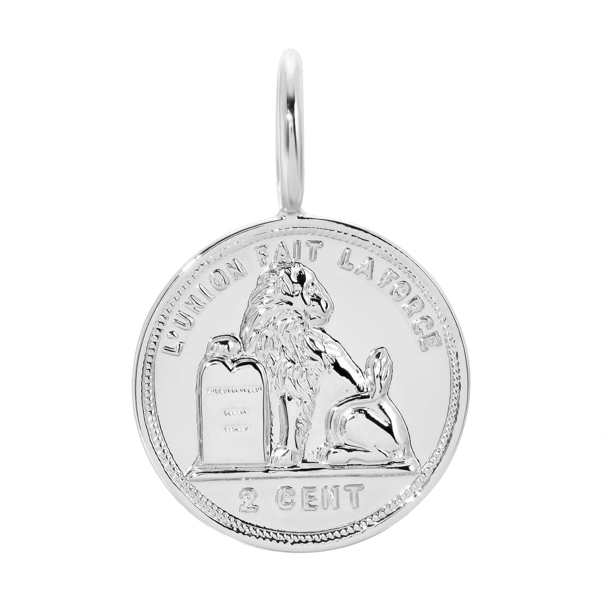 Silver Carmen Coin Pendant featuring a lion and rabbit design on a cent coin commonly produced