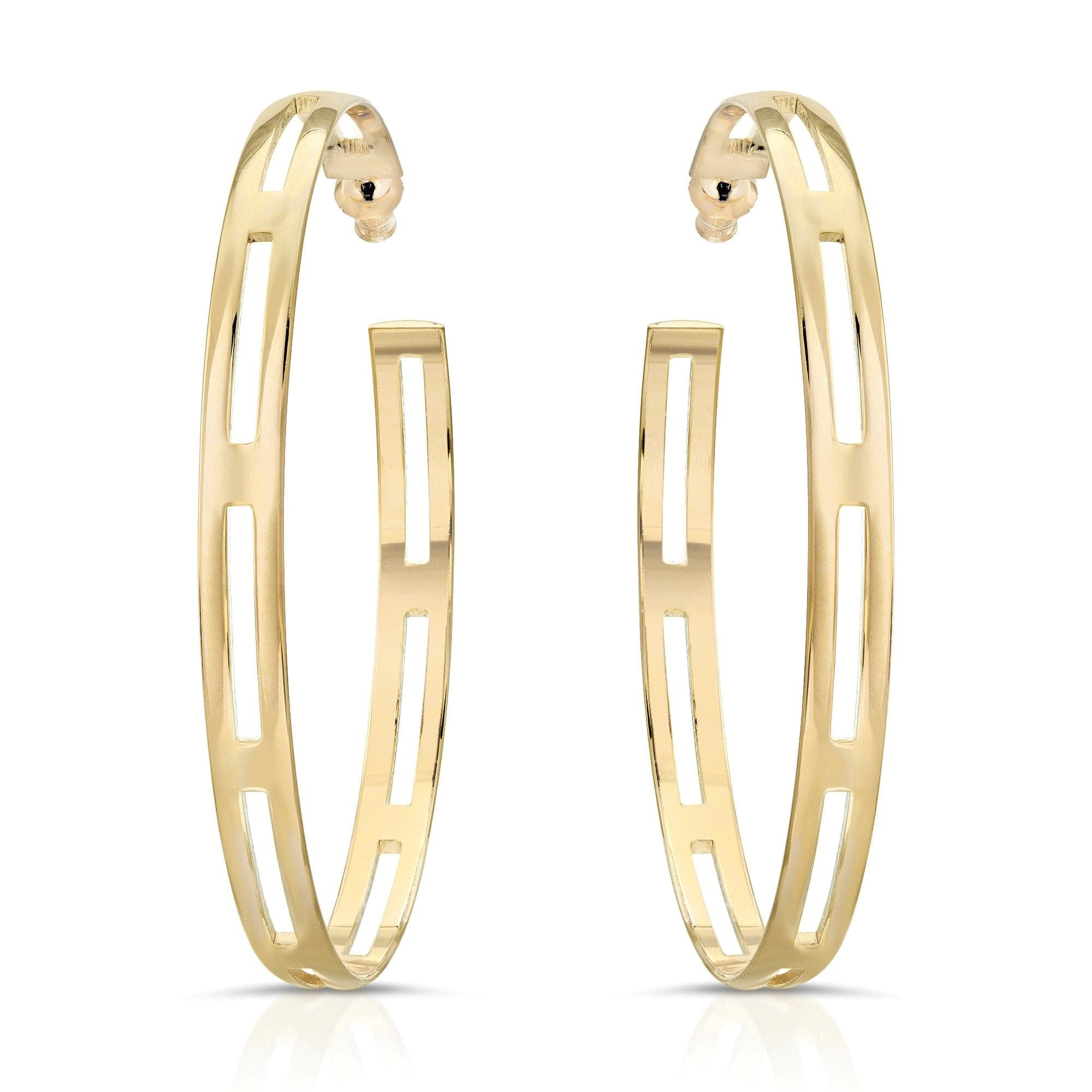 Gold hoop earrings with rectangular cutout pattern made from recycled brass - Charlotte Hoops