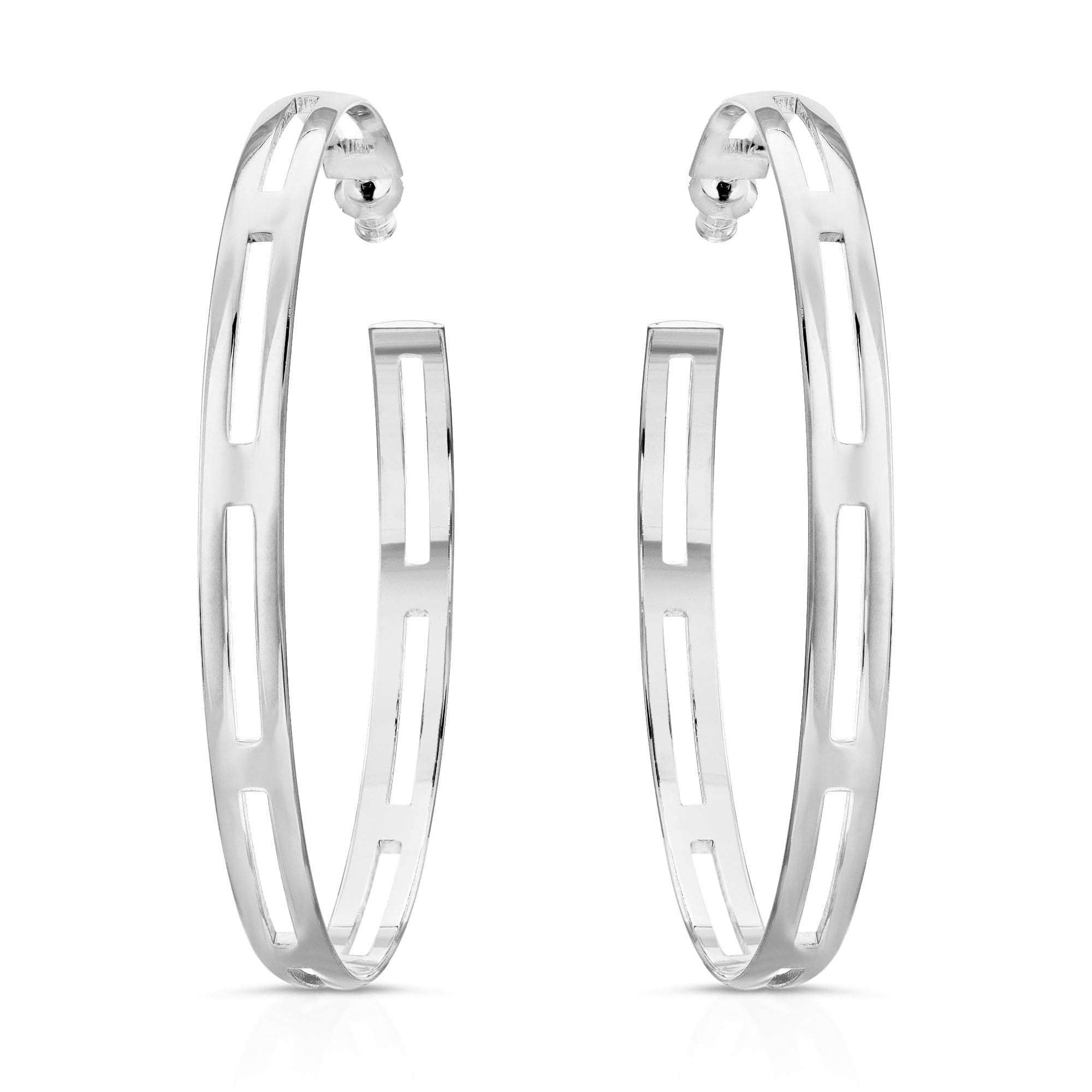 Silver hoop earrings with rectangular cutout pattern from Charlotte Hoops made of recycled brass