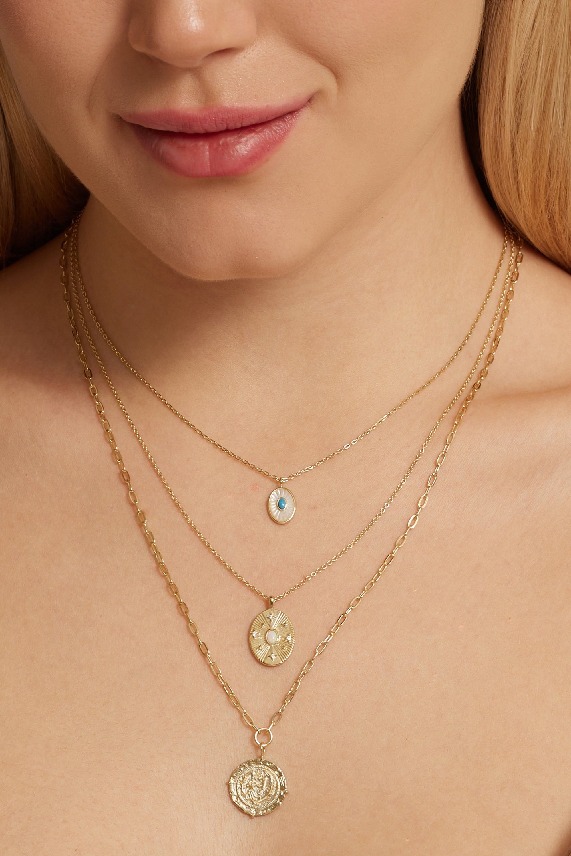 Layered Coin Pendant Necklace in 14k gold plated, featuring a 15mm diameter charm