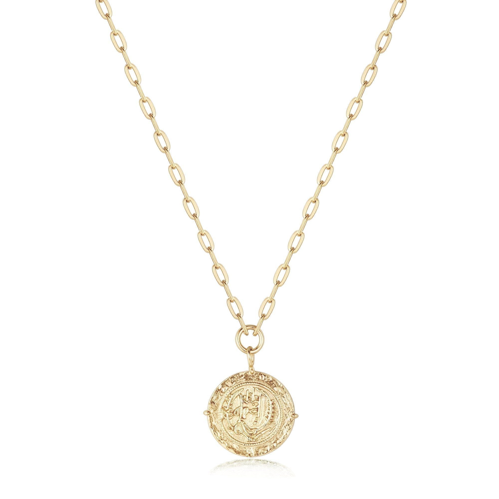 Gold chain necklace featuring a 14k gold plated coin pendant measuring 15mm diameter