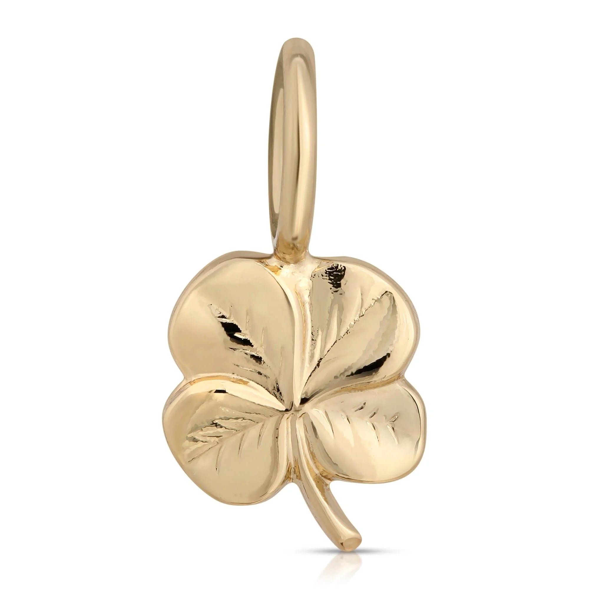 Gold four-leaf clover pendant from Colette Charm in recycled brass plated with leaf clover measures