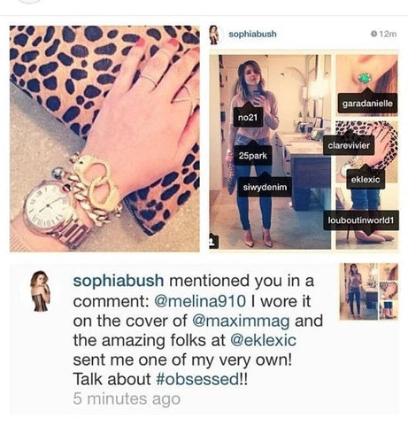 Collage of Instagram posts featuring Sophia Bush wears Eklexic in April 2014.