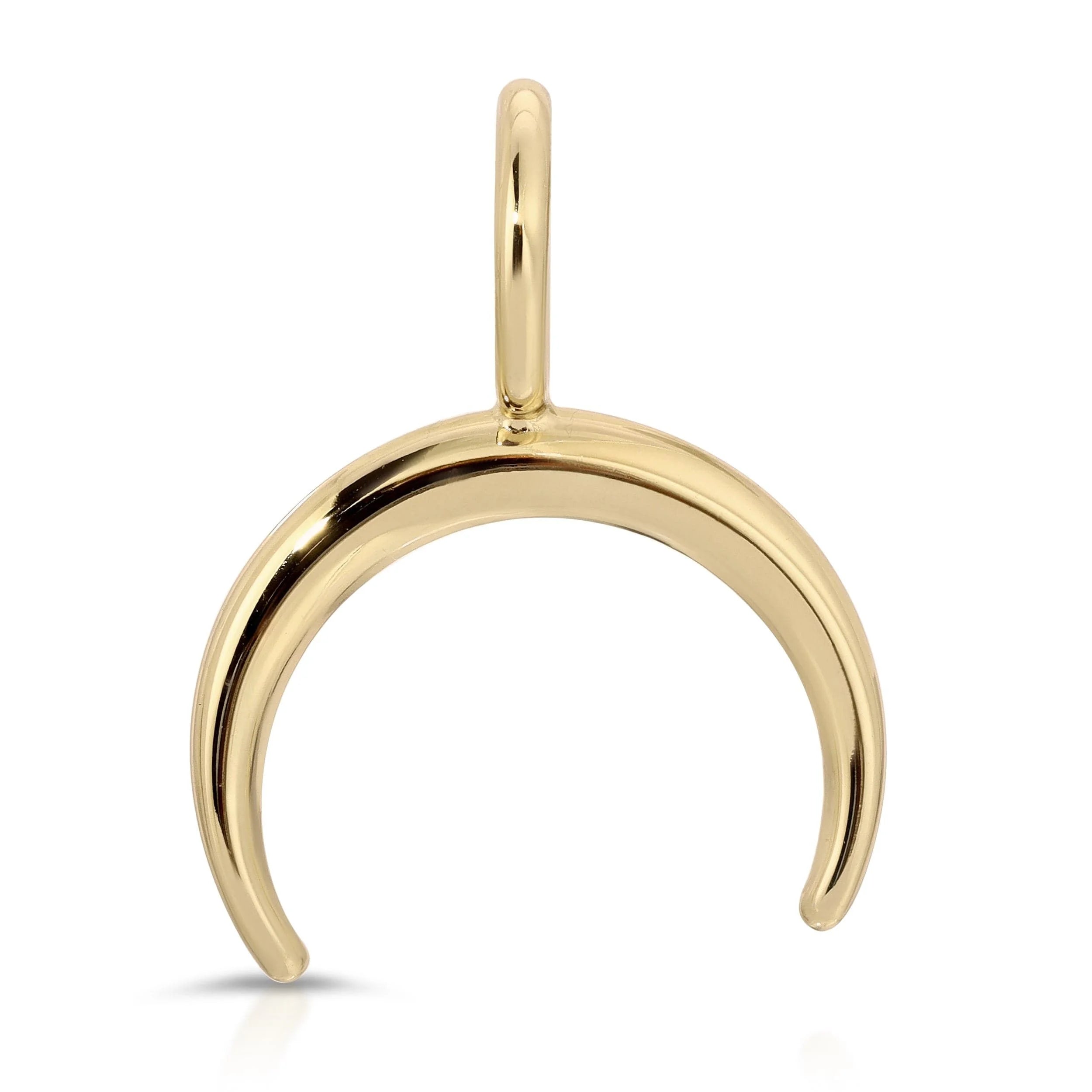 Gold crescent moon pendant with recycled brass finishes and rhodium plating for elegant style