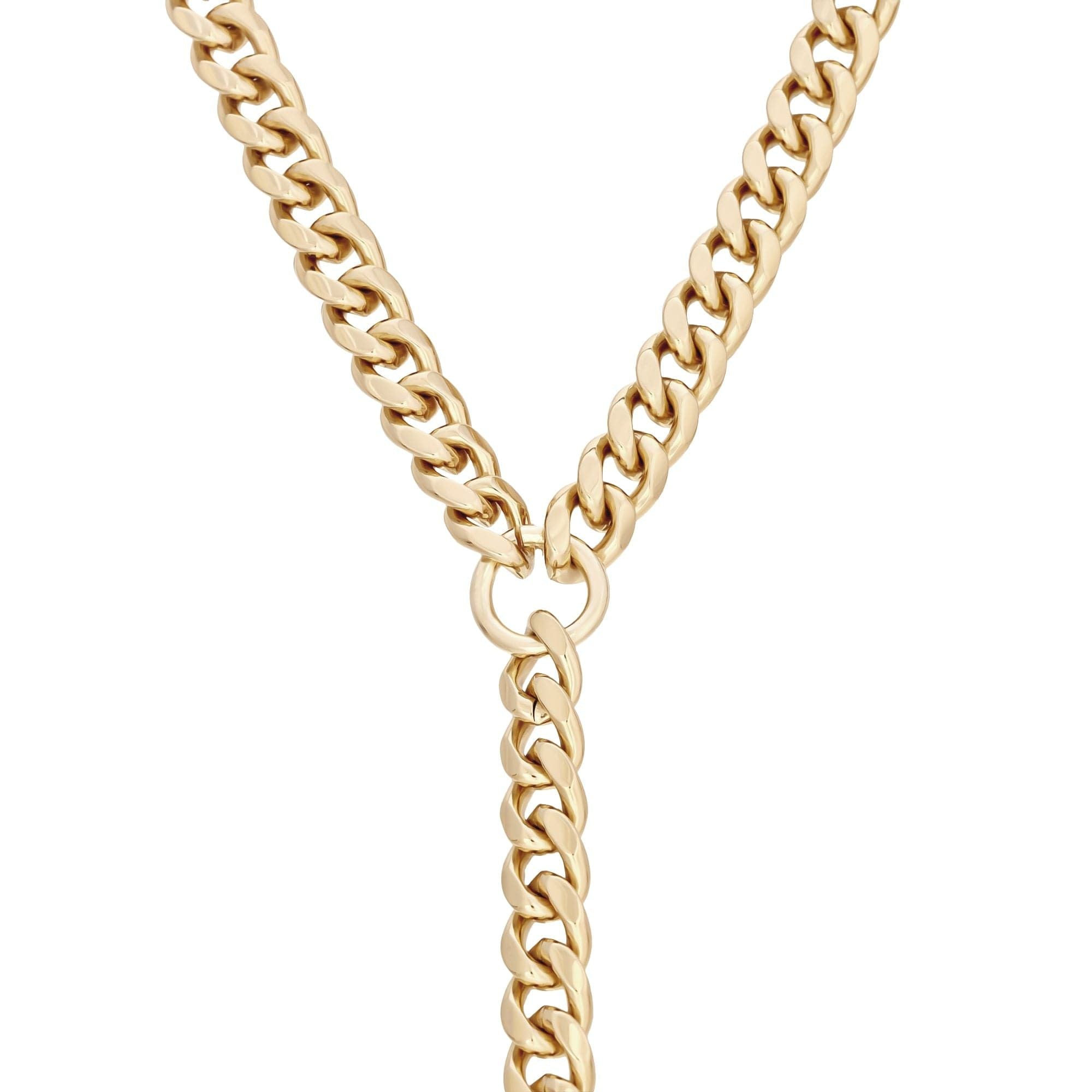 Gold-toned curb chain lariat necklace made of rounded recycled brass with a drop curb chain