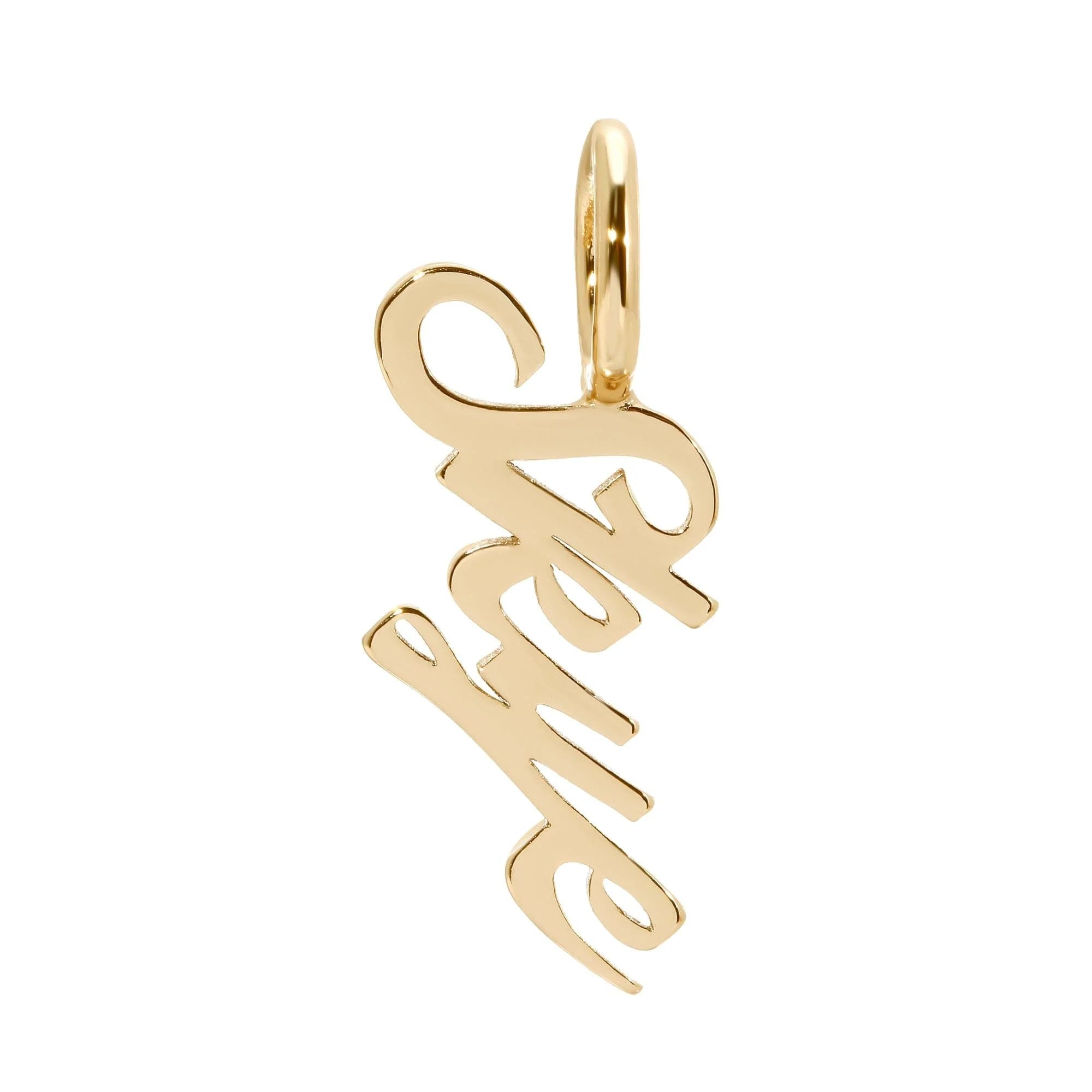 Gold Love Pendant on a chain, perfect for custom script name jewelry