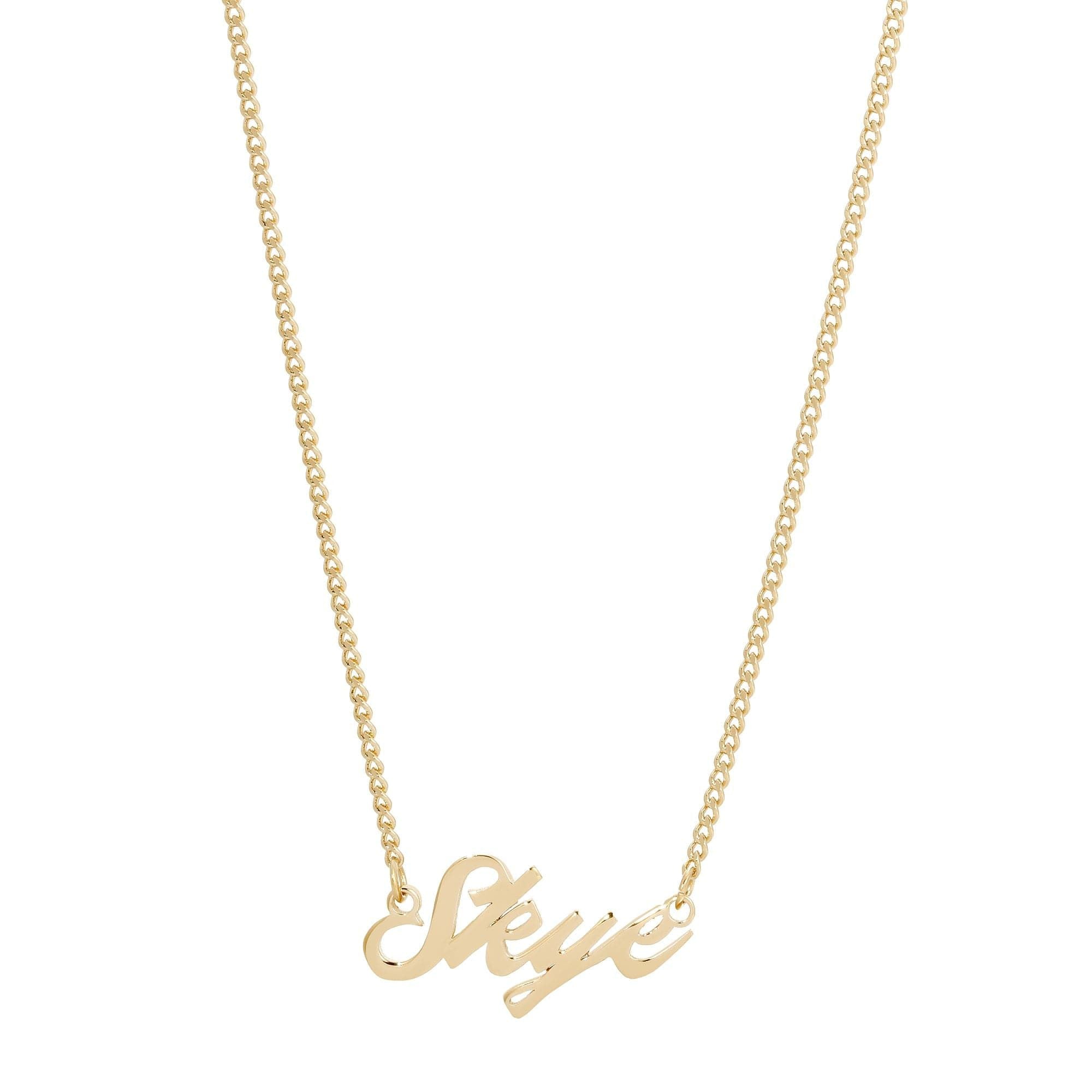 Elegant Gold Nameplate Necklace showcasing a Custom Script Nameplate design