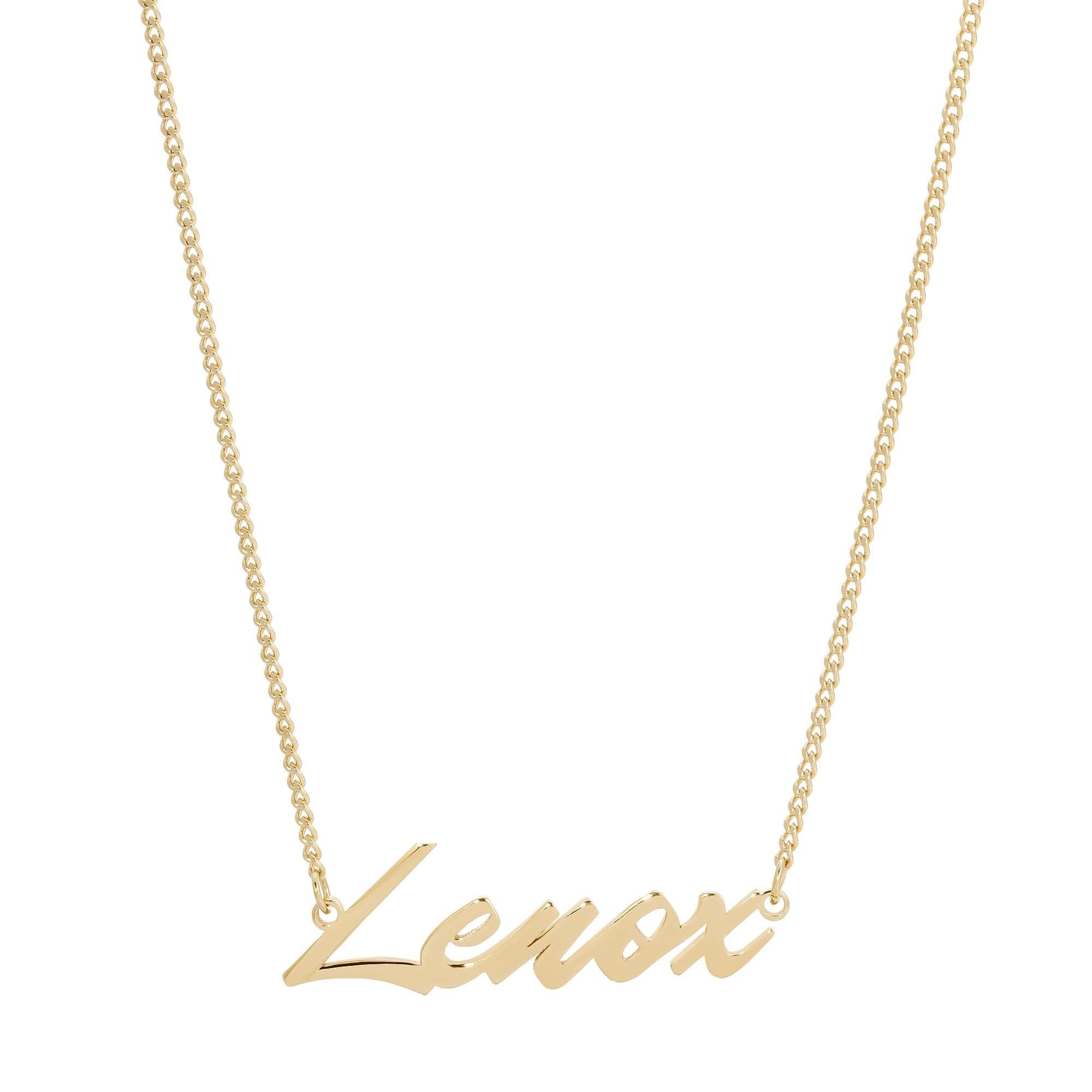 Gold Lenox Custom Script Nameplate necklace showcasing classic elegance and personalization