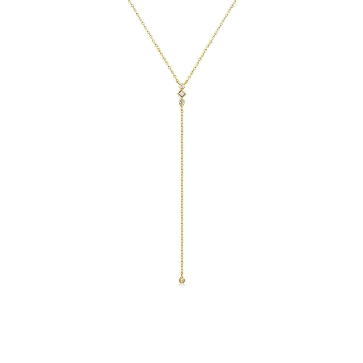 Gold Y-shaped chain necklace with diamond accents from CZ & Opal Thin Chain Lariat