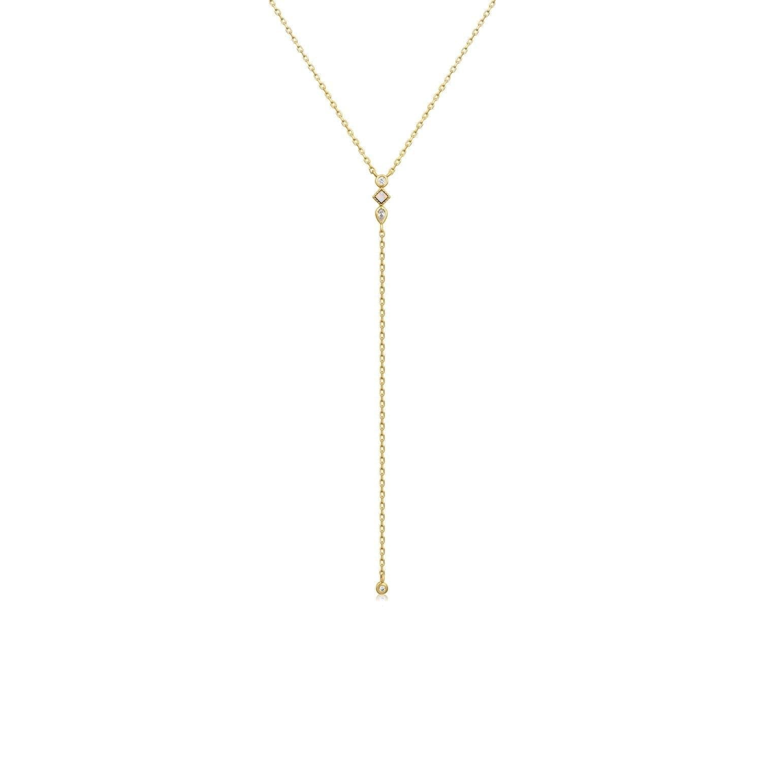 Gold Y-shaped necklace with diamond accents on a 14k gold vermeil chain