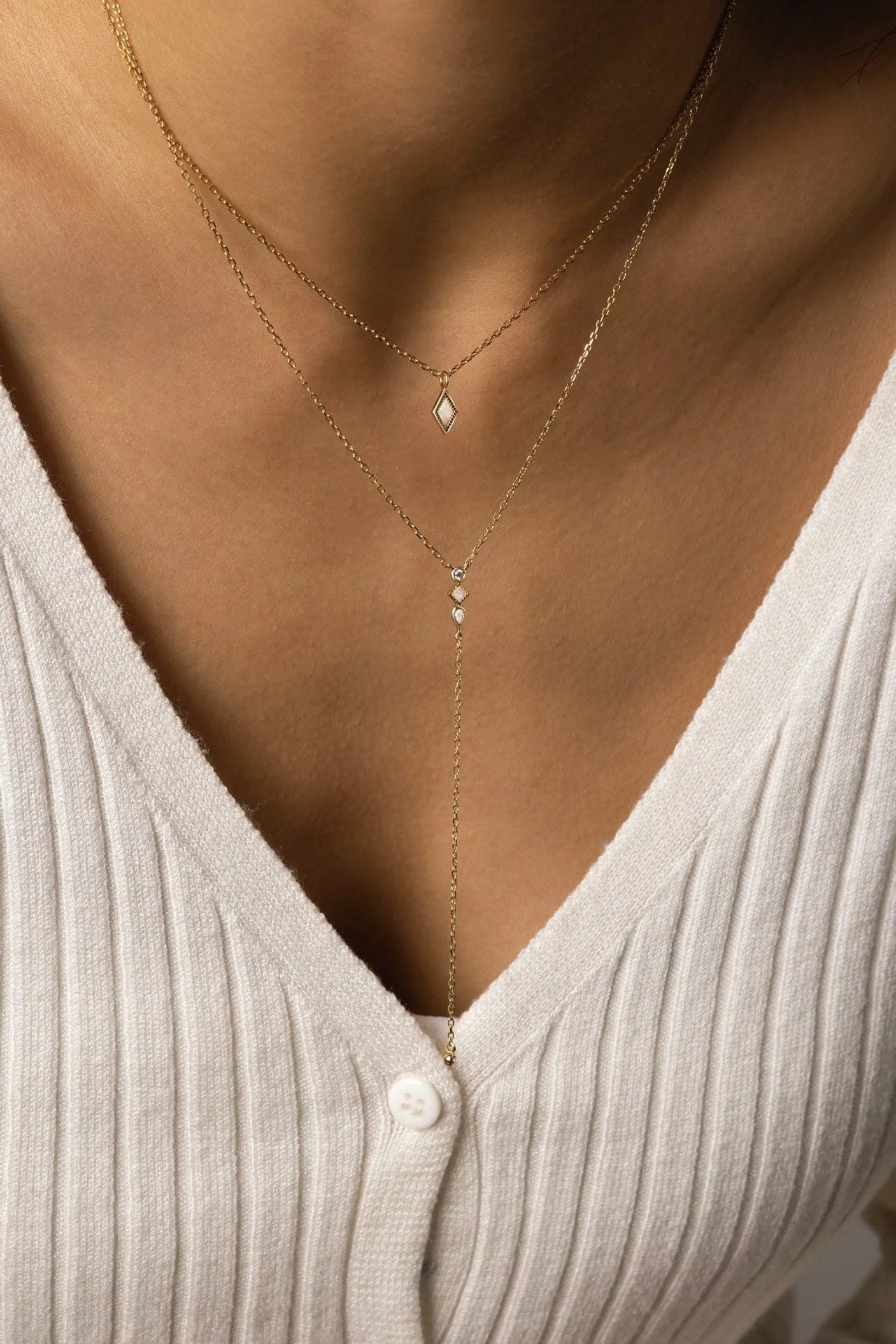 14k gold vermeil layered necklace with diamond pendants and vermeil necklace length