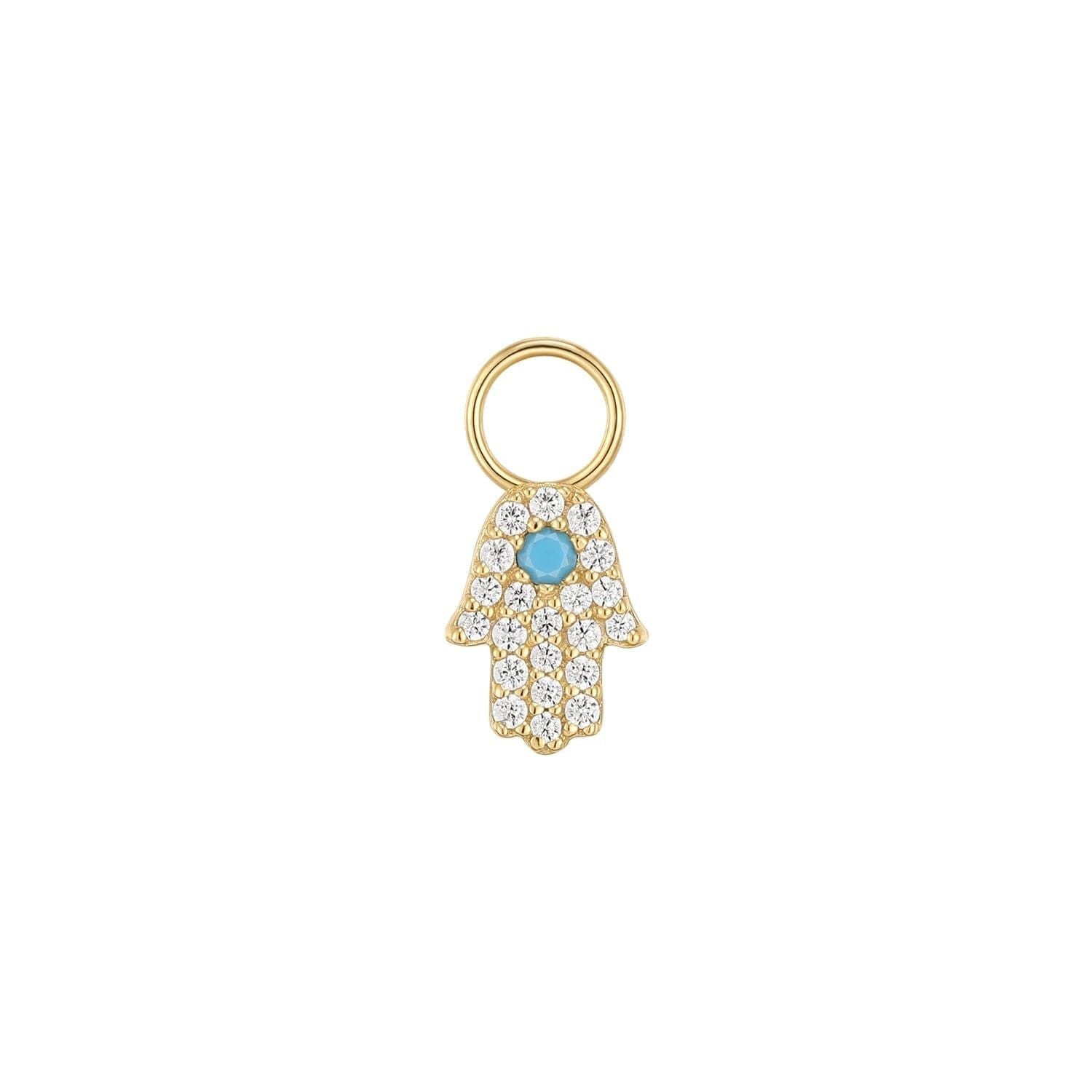 Gold Hamsa charm with turquoise center featured in demi-fine collection earrings