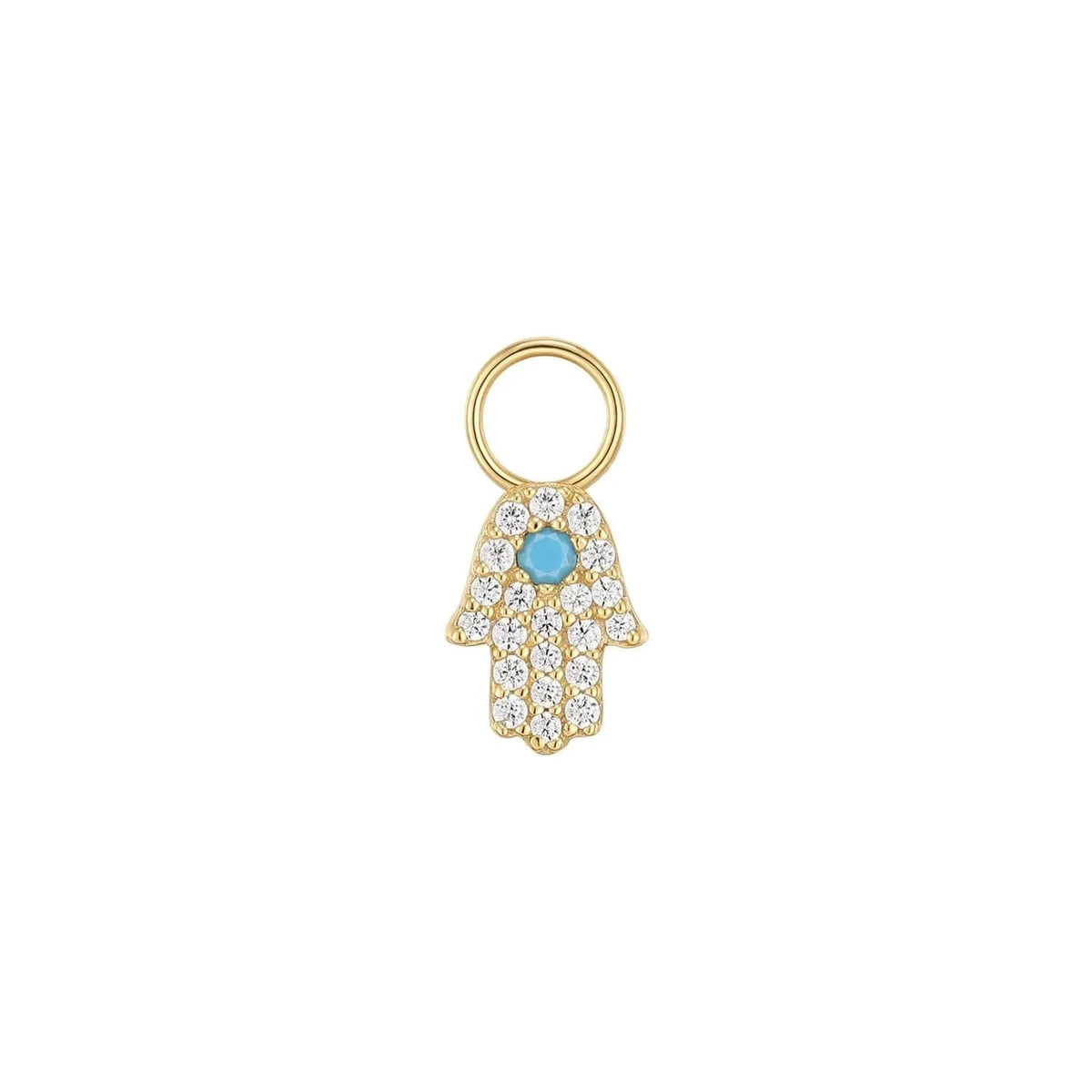 Gold Hamsa charm with turquoise center on CZ & Turquoise Hamsa Hoop Charm product