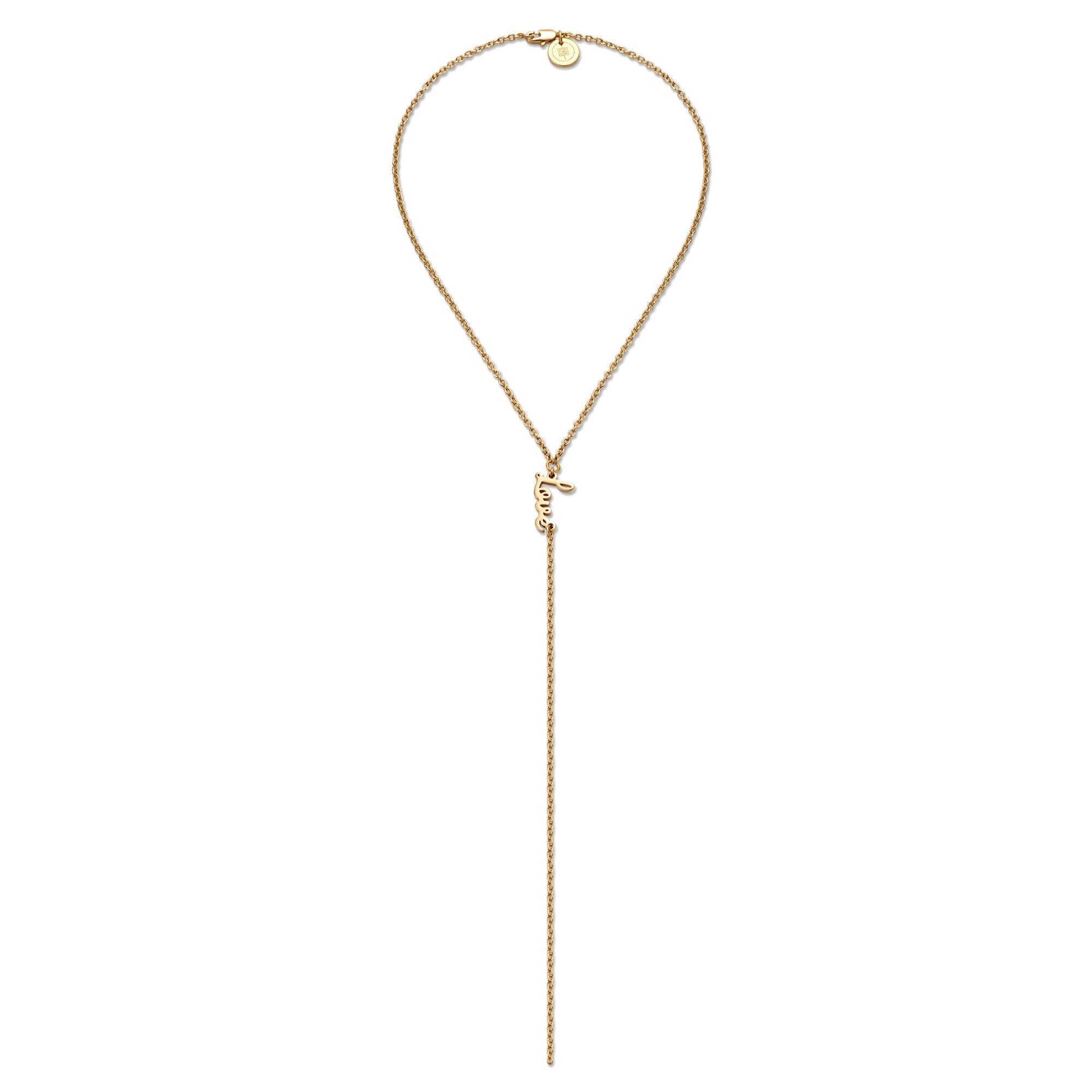 Gold-toned Dainty Script Love Lariat Necklace with letter pendant for a personalized touch