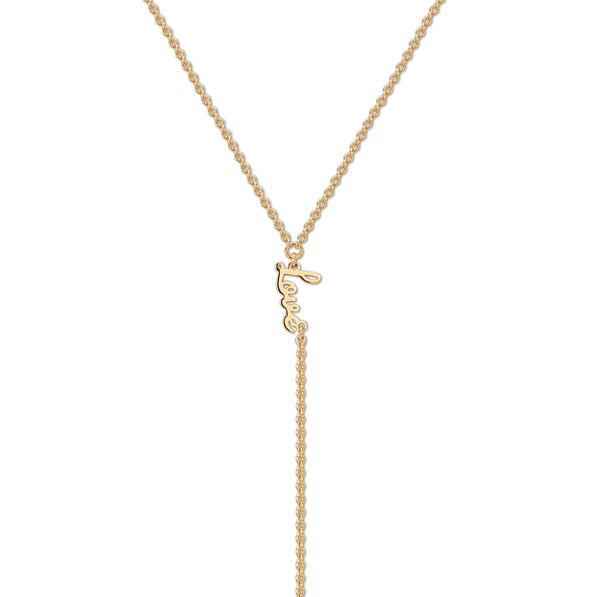 Gold dainty script Love lariat necklace made of recycled brass with 14K gold plating, perfect for layering or everyday wear.