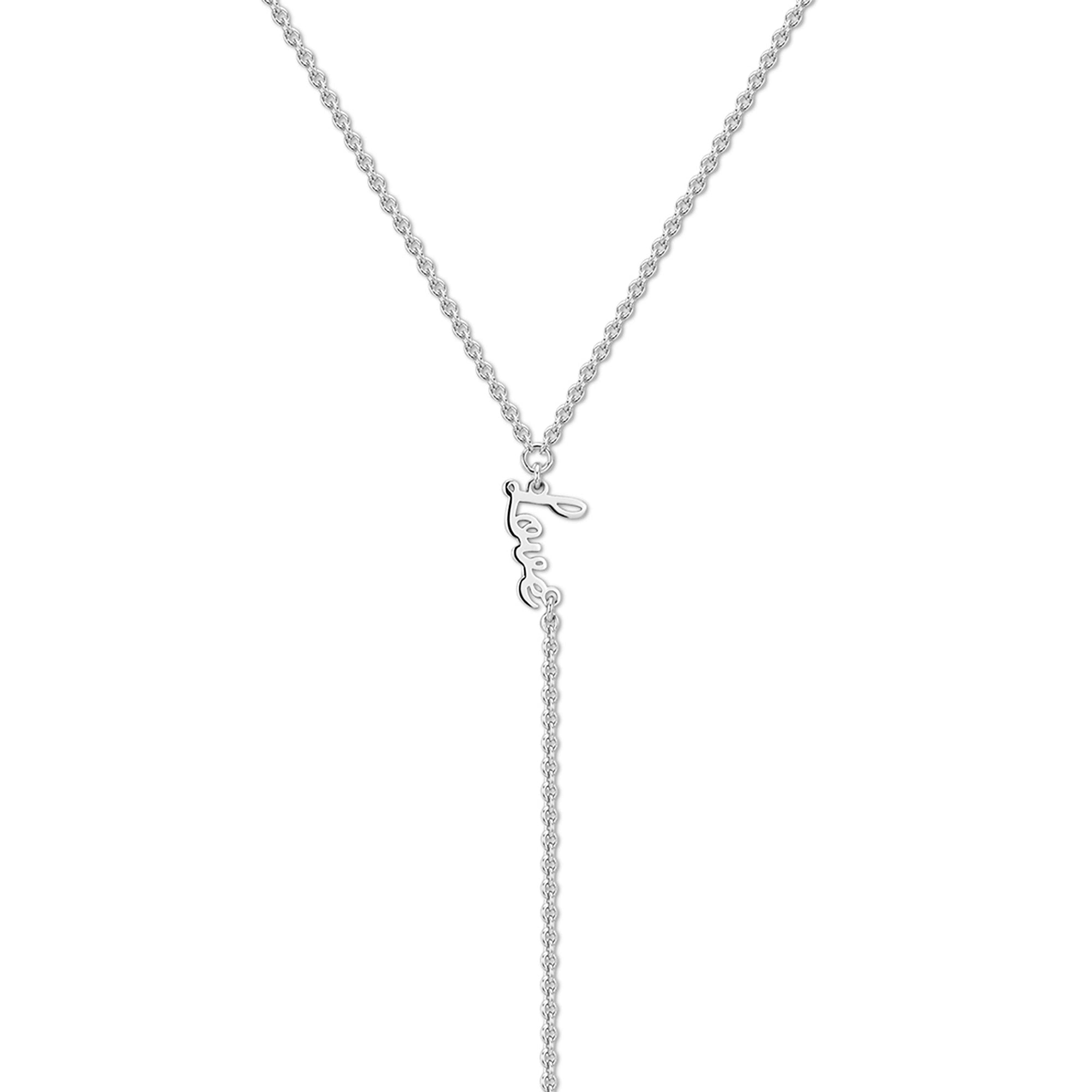 Silver Dainty Script Love Lariat Necklace with elegant love pendant design