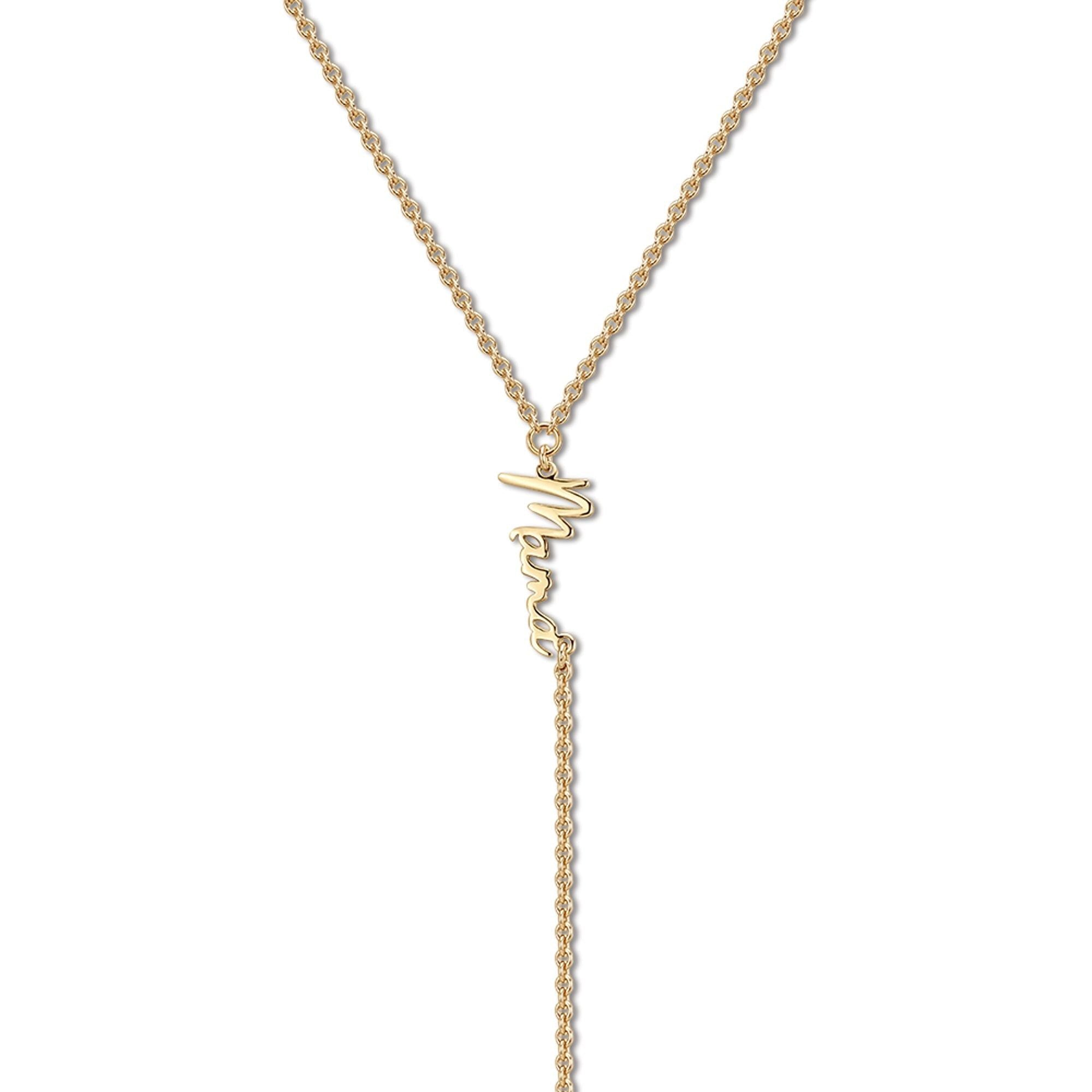 Gold Dainty Script Mama Lariat Necklace featuring elegant pendant design