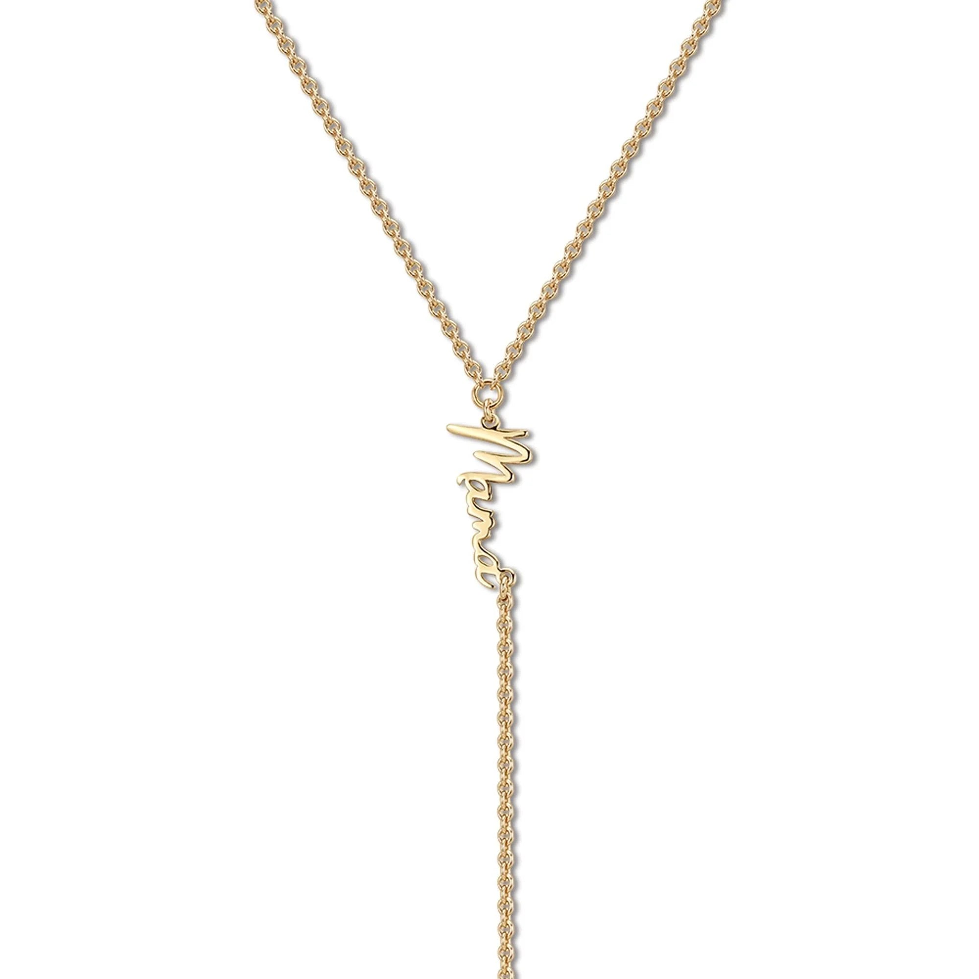 Gold Mama Pendant Necklace showcasing dainty script Mama Lariat Necklace design