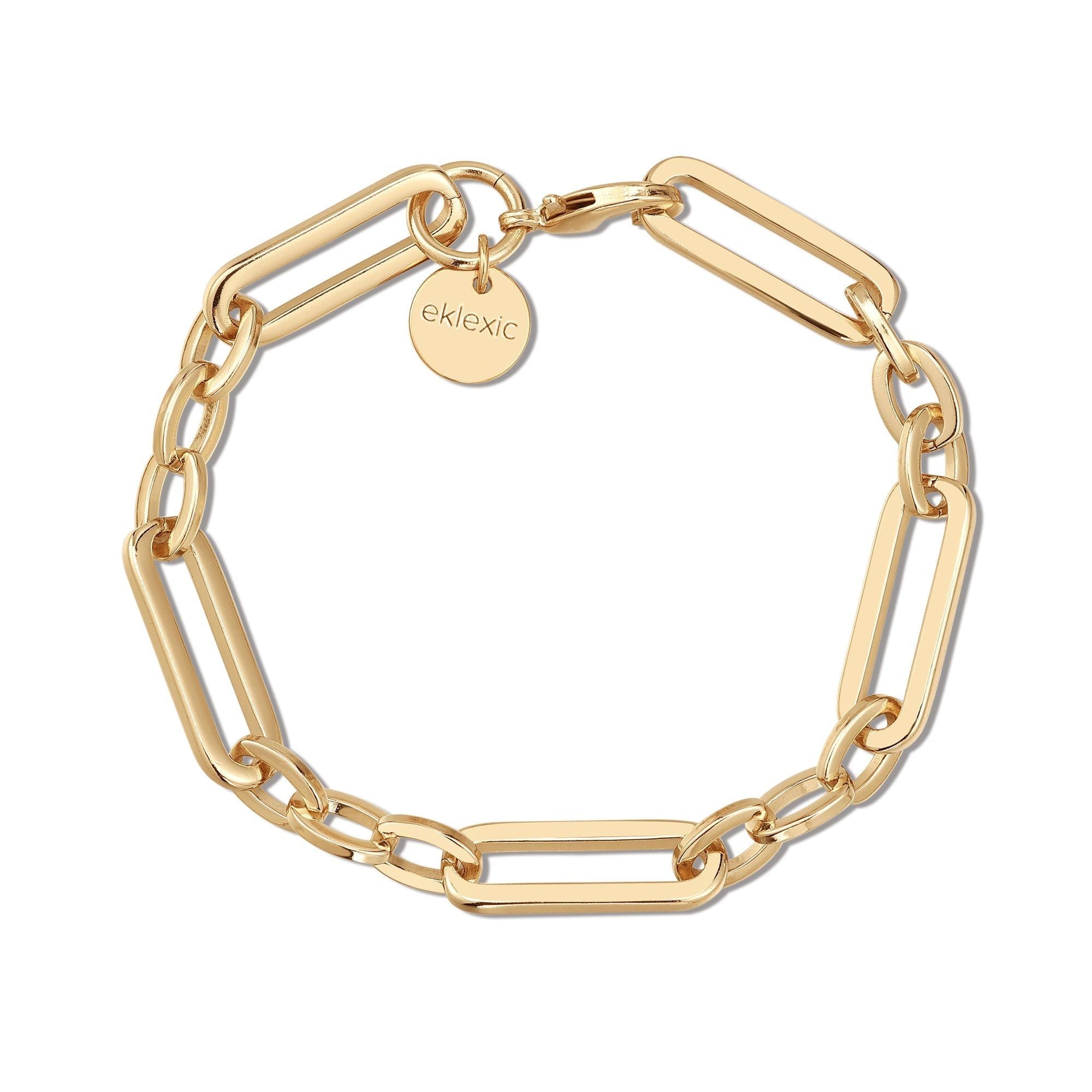 Gold chain-link bracelet named Dean Bracelet featuring 8mm wide largest link design