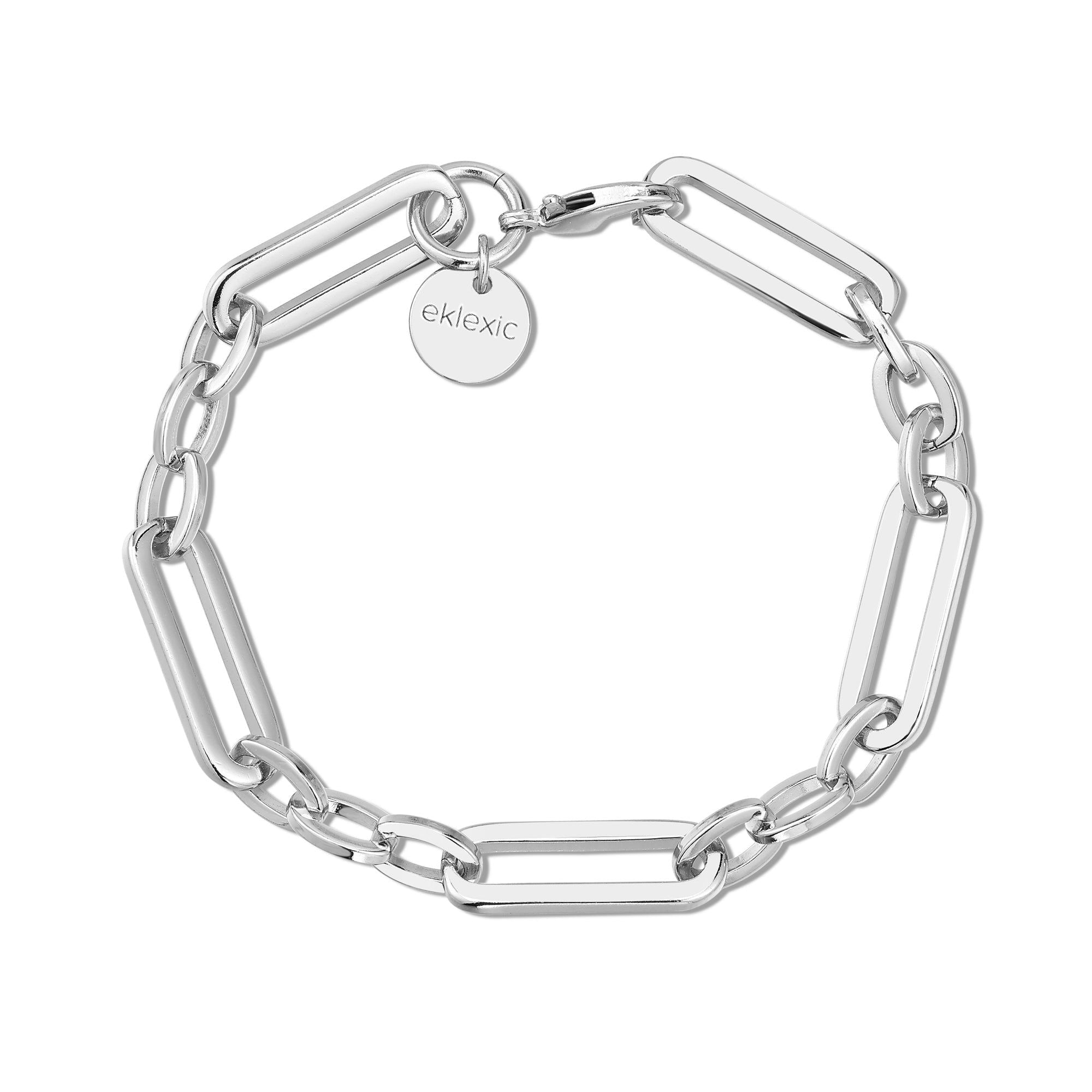 Silver chain-link bracelet featuring the Dean Bracelet design with 8mm wide largest link