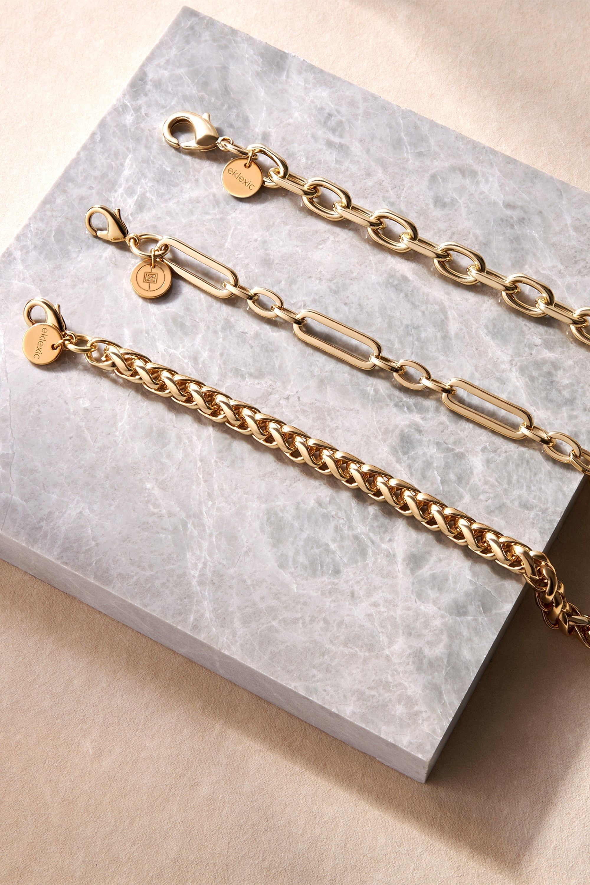 Three gold-toned Dean Bracelets featuring a large multi link chain design