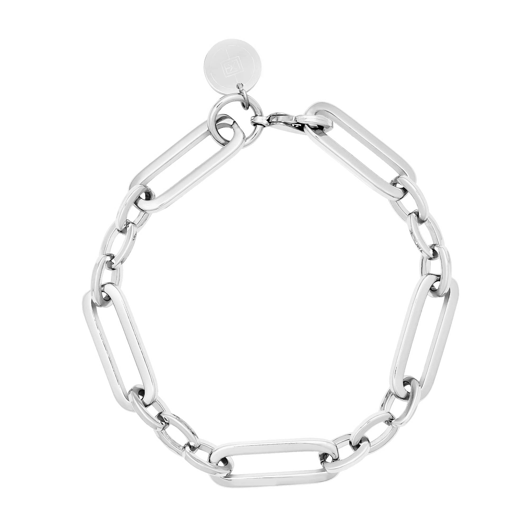 Silver chain-link Dean Bracelet features a circular charm and 8mm wide largest link