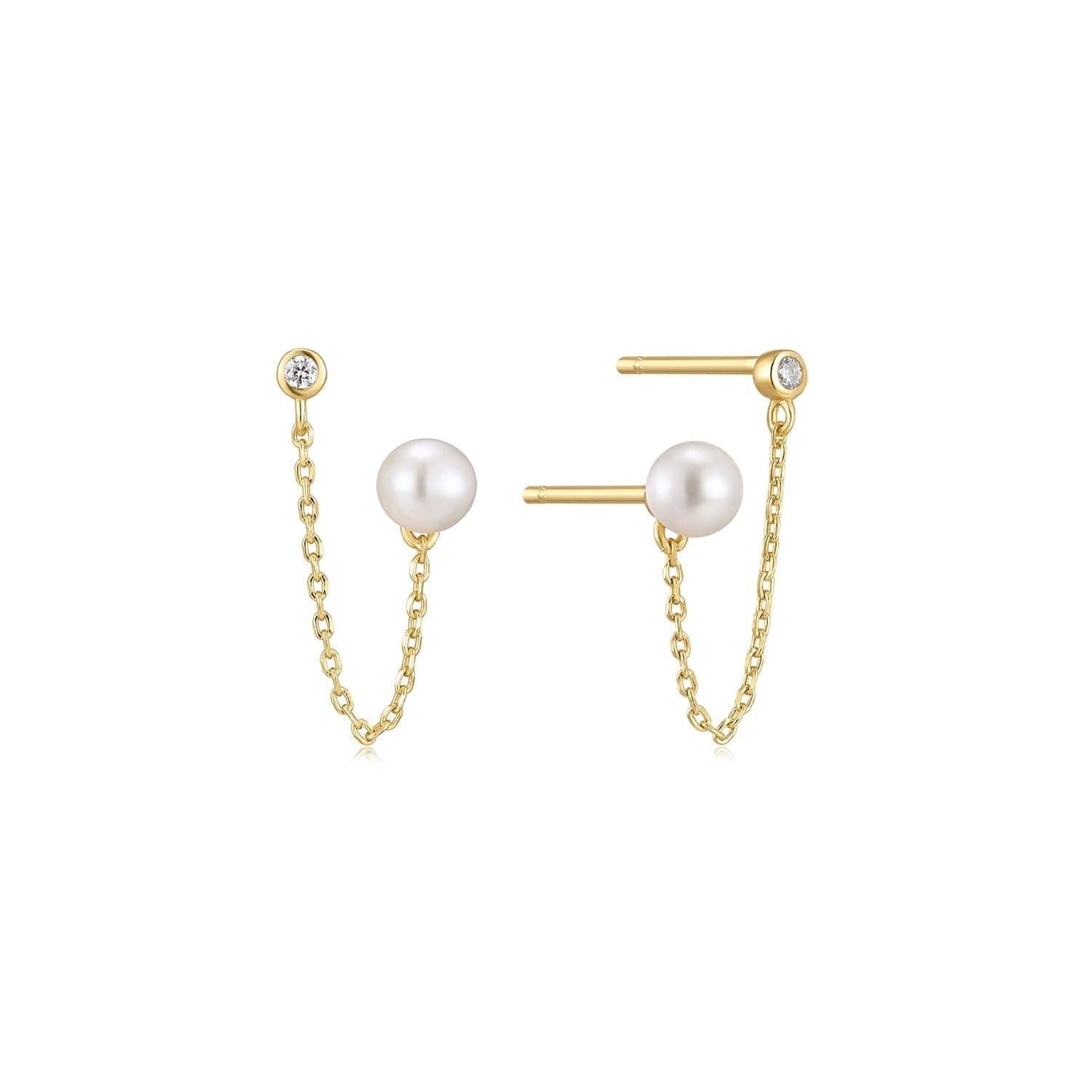 Gold Pearl and Diamond Chain Earrings in 14k Gold Vermeil with elegant chain design