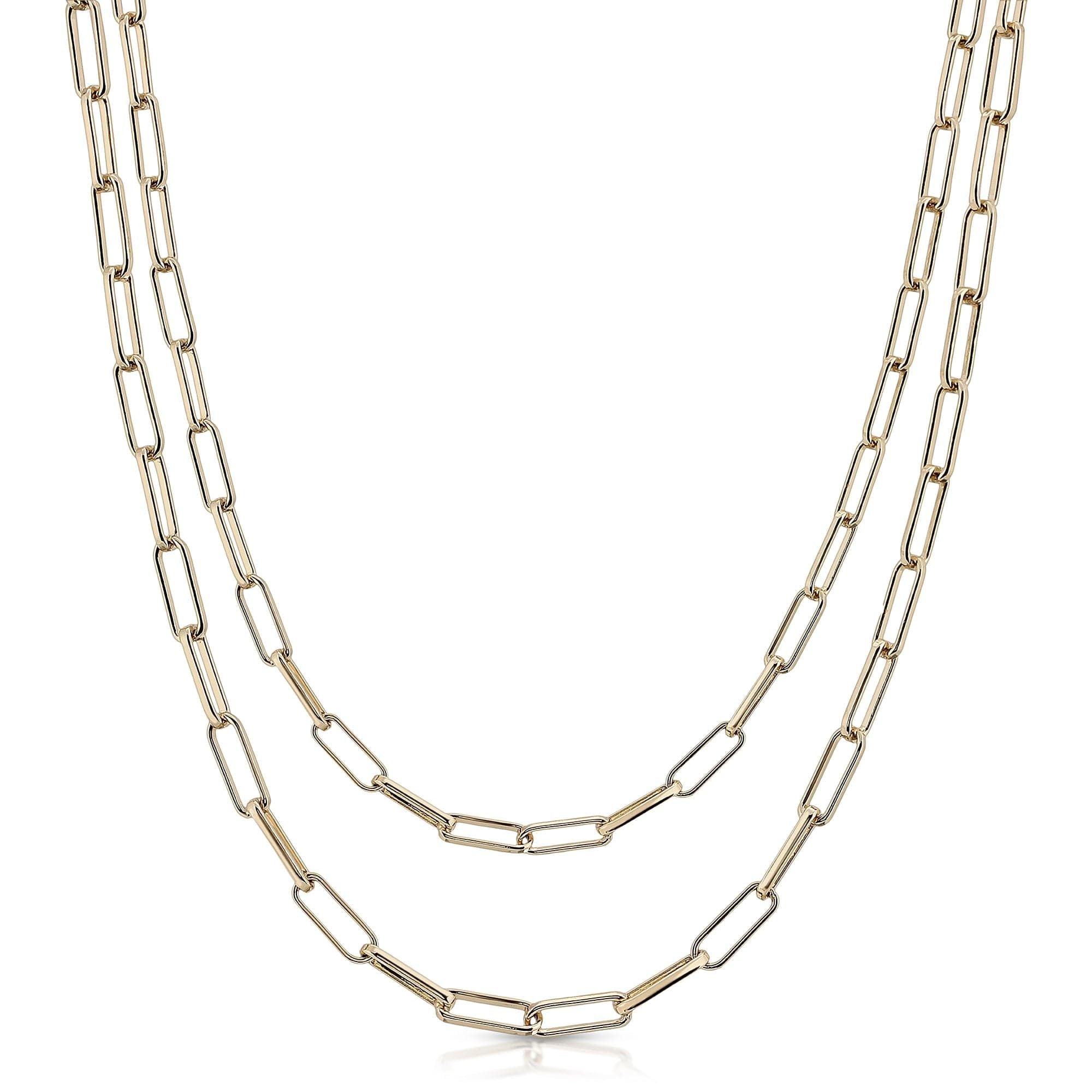 Gold-toned double-strand paper clip chain necklace with protective coating and elegant design