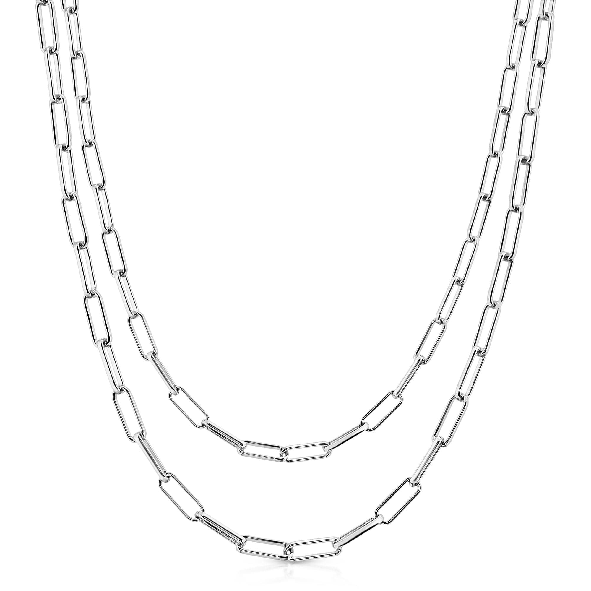 Two silver chain necklaces featuring a stylish clip chain mask design