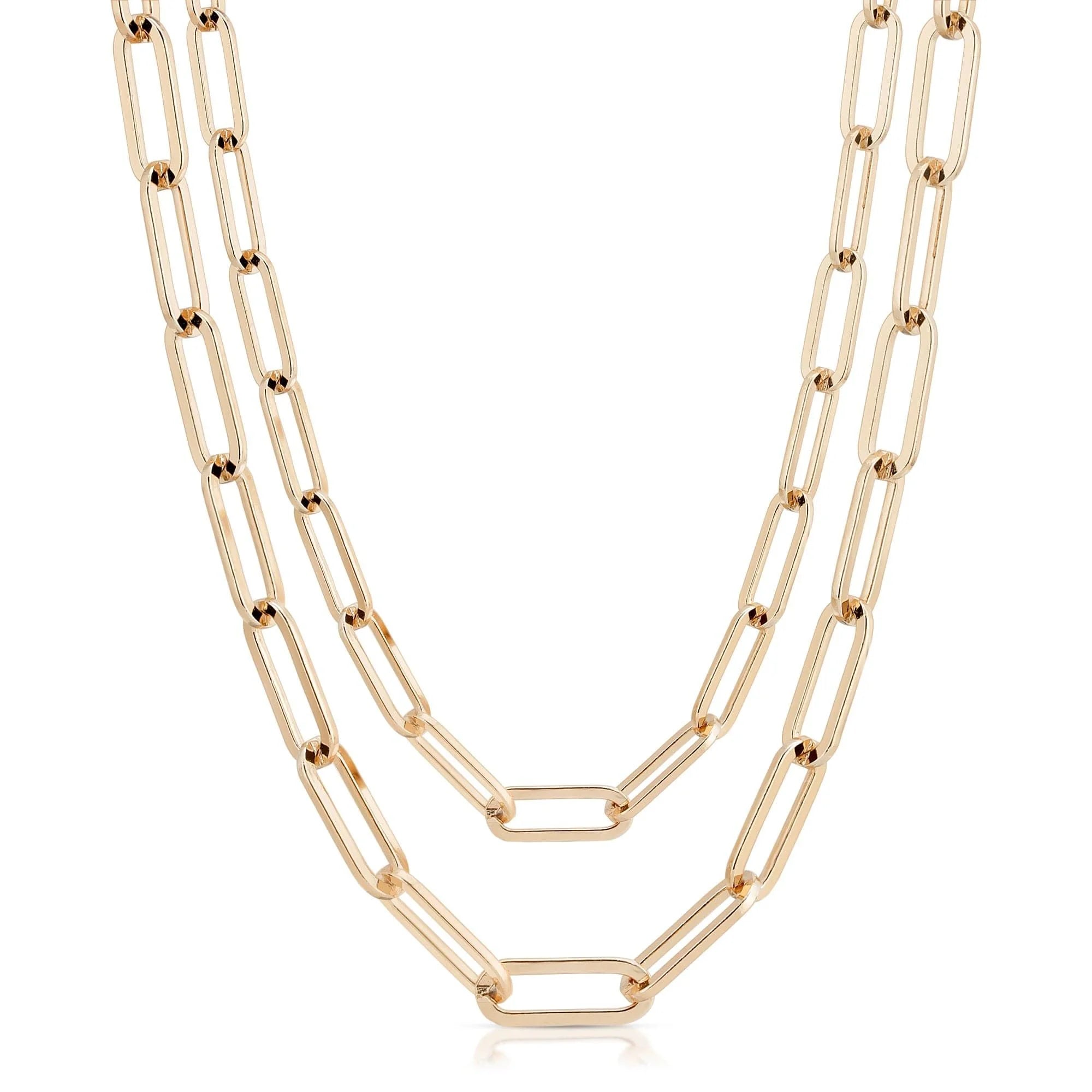 Gold-toned double-strand chain necklace with brass rectangle links, 14k gold plated