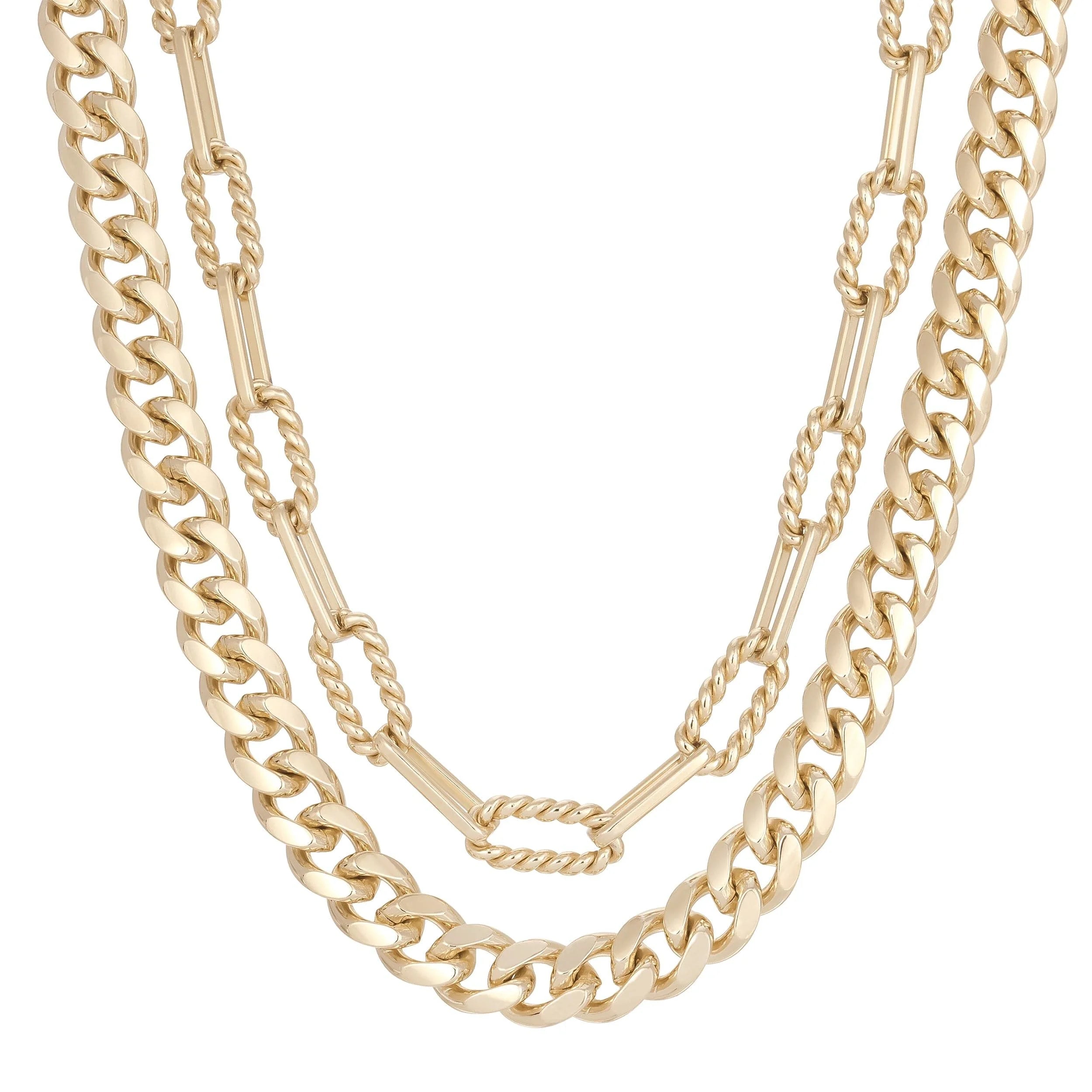 Gold-toned layered chain necklaces featuring the Double Layer Talia Necklace with alternating twisted link chain