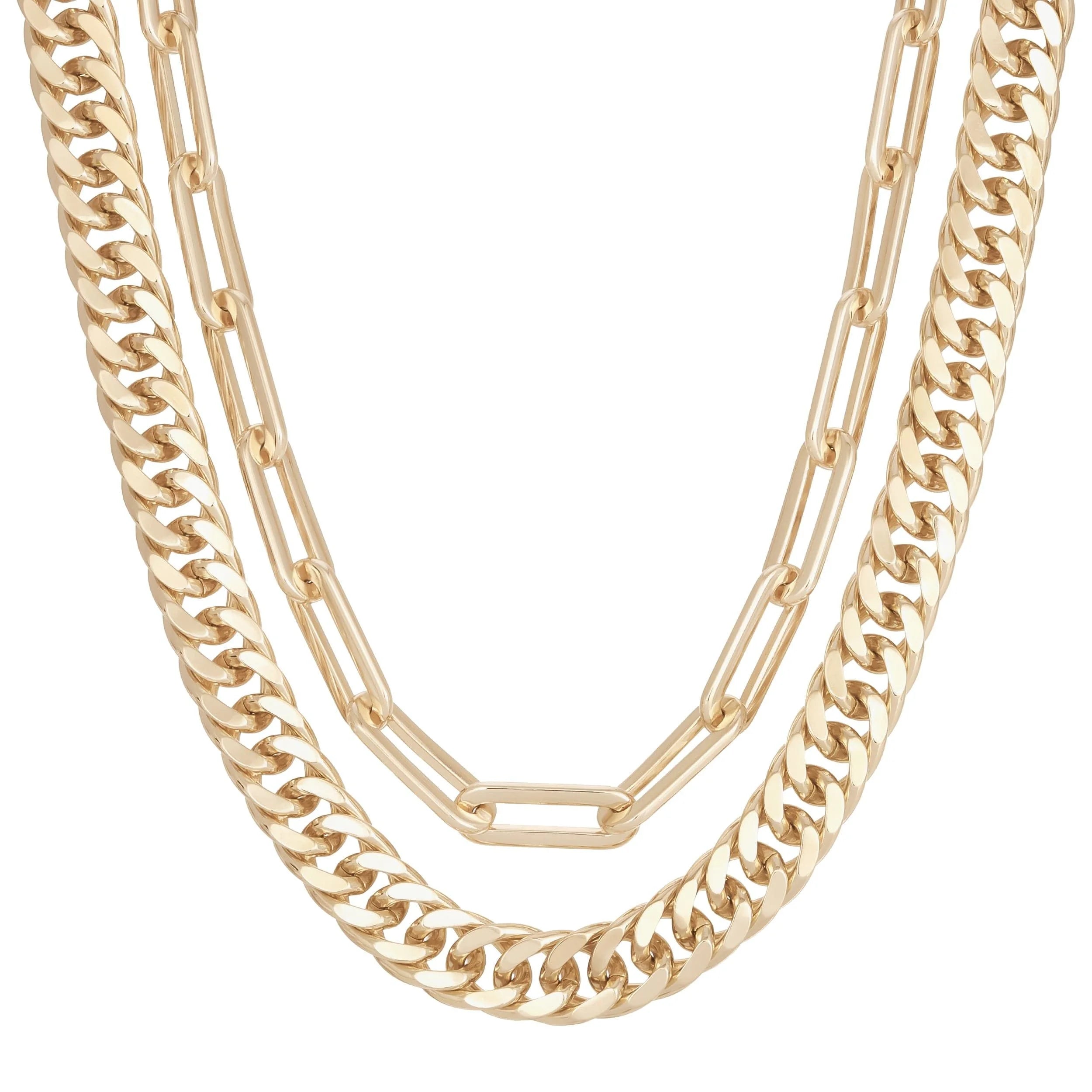 Gold-toned layered chain necklaces featuring the Double Layer Wren Necklace and paper clip chain