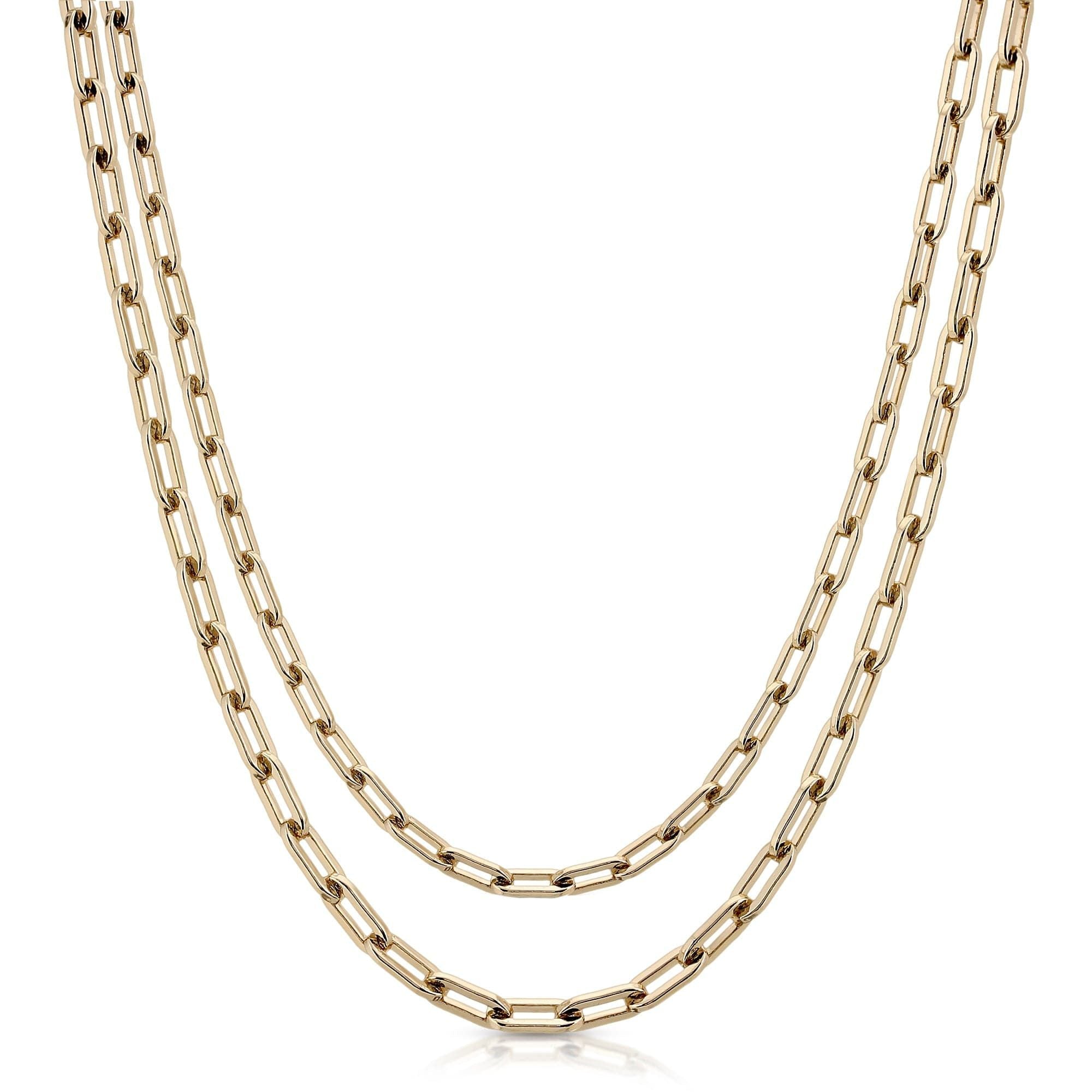 Two 14k gold plated brass link chain necklaces with a protective coating displayed