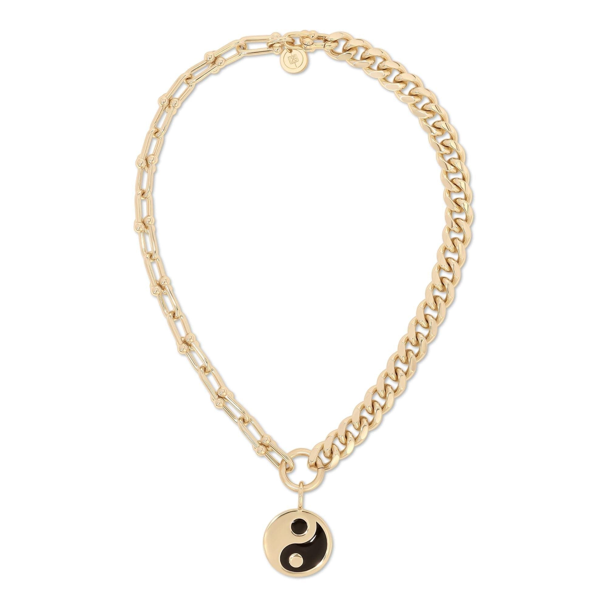 Gold-toned Dual Chain Necklace with Yin Yang Pendant featuring black enamel finishes