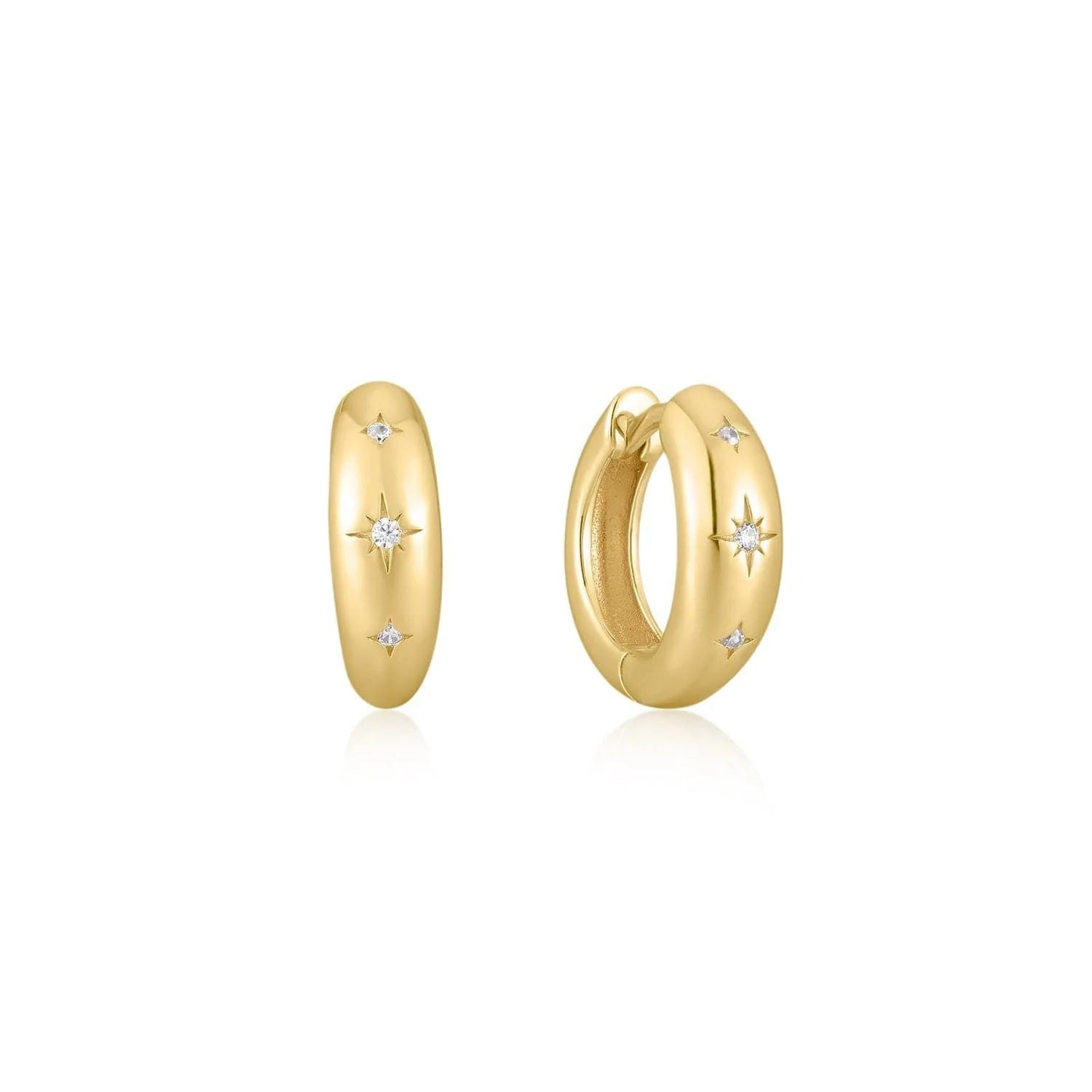 14k gold plated sterling silver 8.5mm chunky CZ galaxy huggie hoops with star accents
