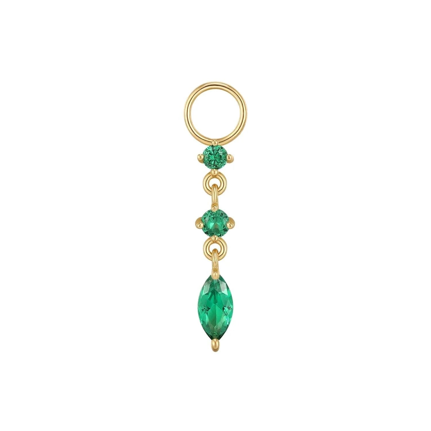 Gold and emerald pendant featuring emerald CZs in a stylish drip hoop charm from the demi-fine collection