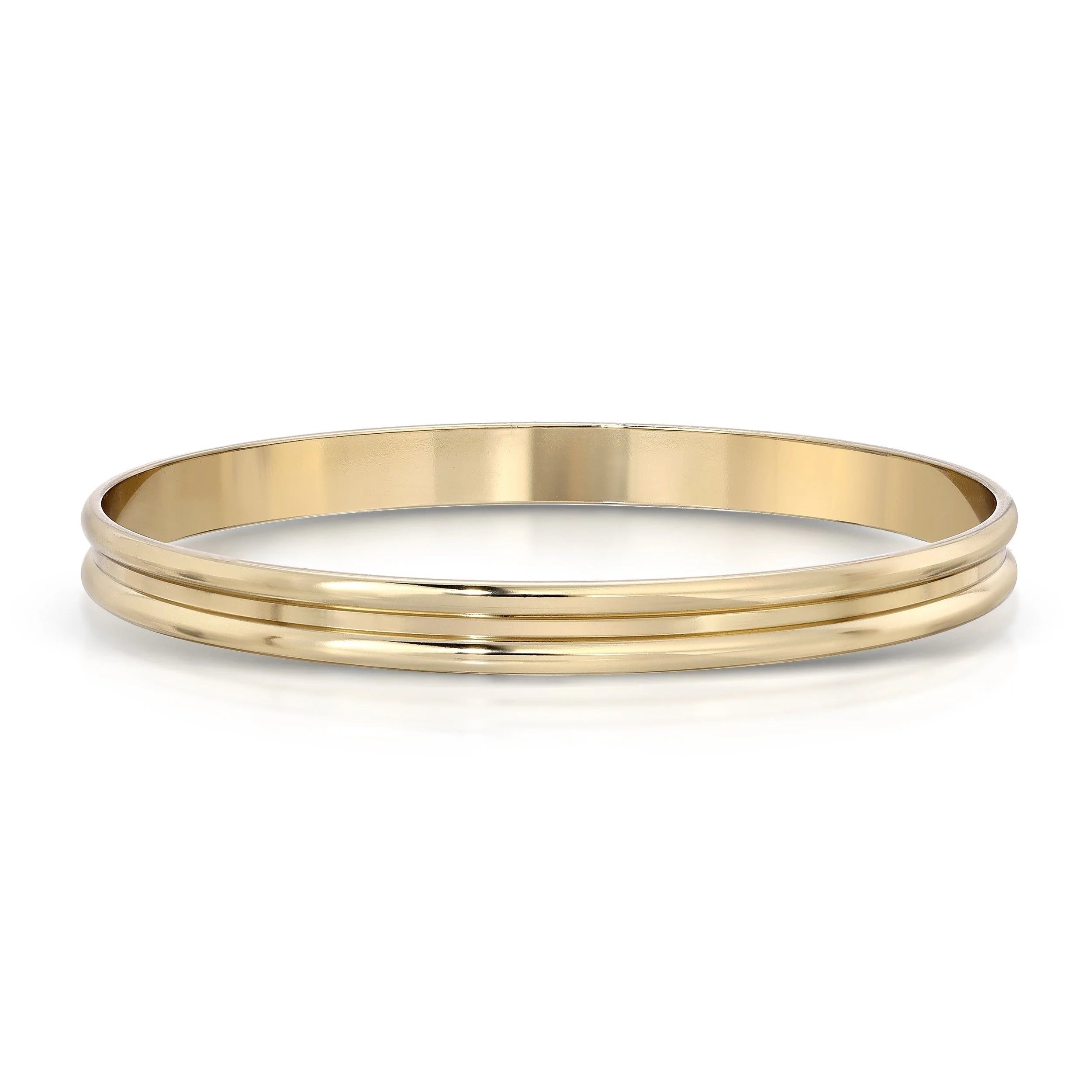Gold-colored double domed bangle bracelet in 14k gold with ecoat finish, wide bangle style