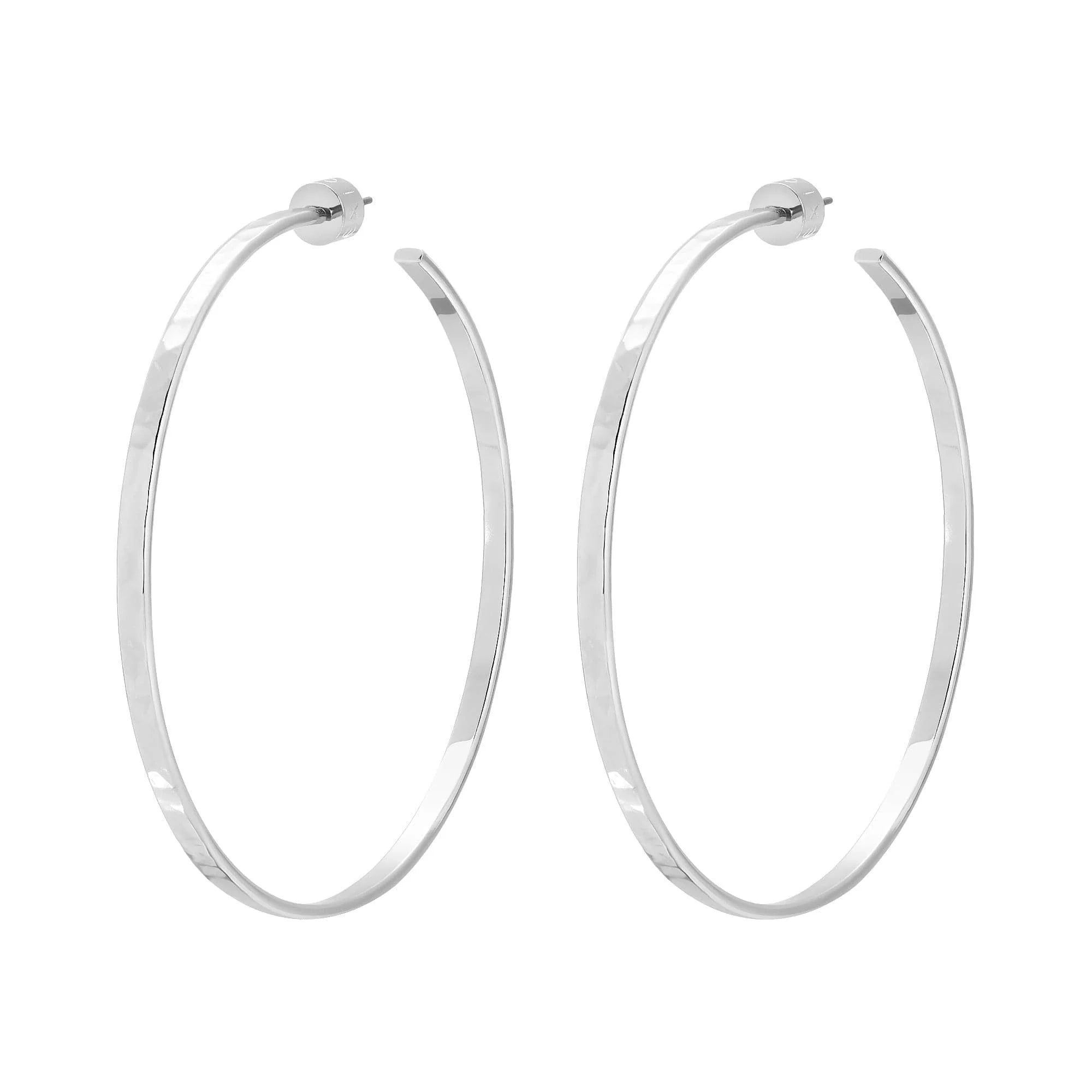 Silver hammered hoop earrings shown in the 2.5 inch Pair of Silver Hoop Earrings product