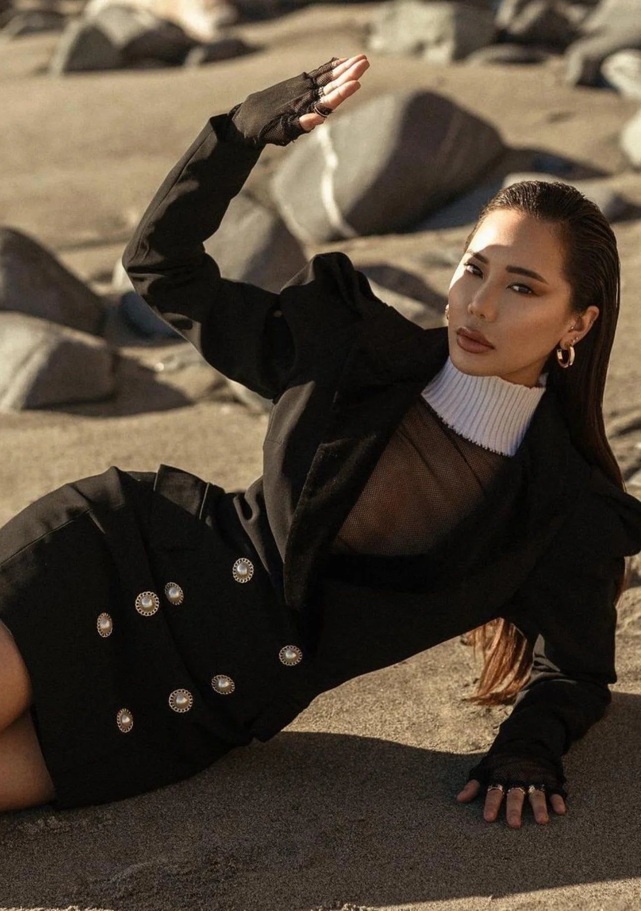 Black blazer dress with fingerless gloves showcasing Baby Alexis Hoops product