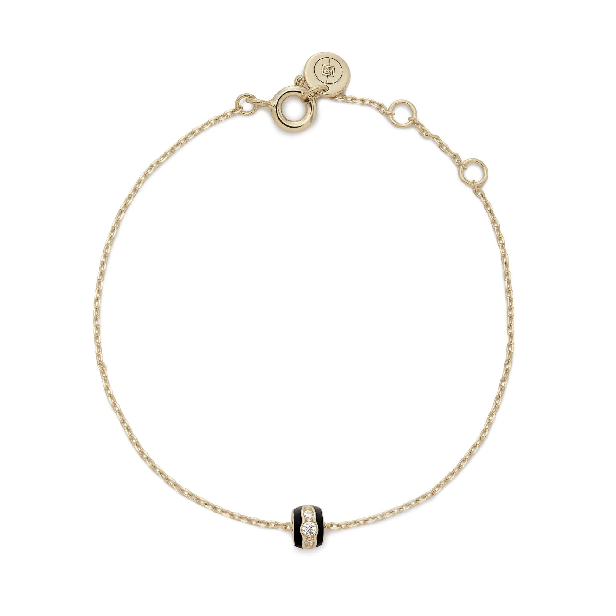Black Enamel & CZ Channel Rondelle Bracelet - 14k Gold Plated Sterling Silver