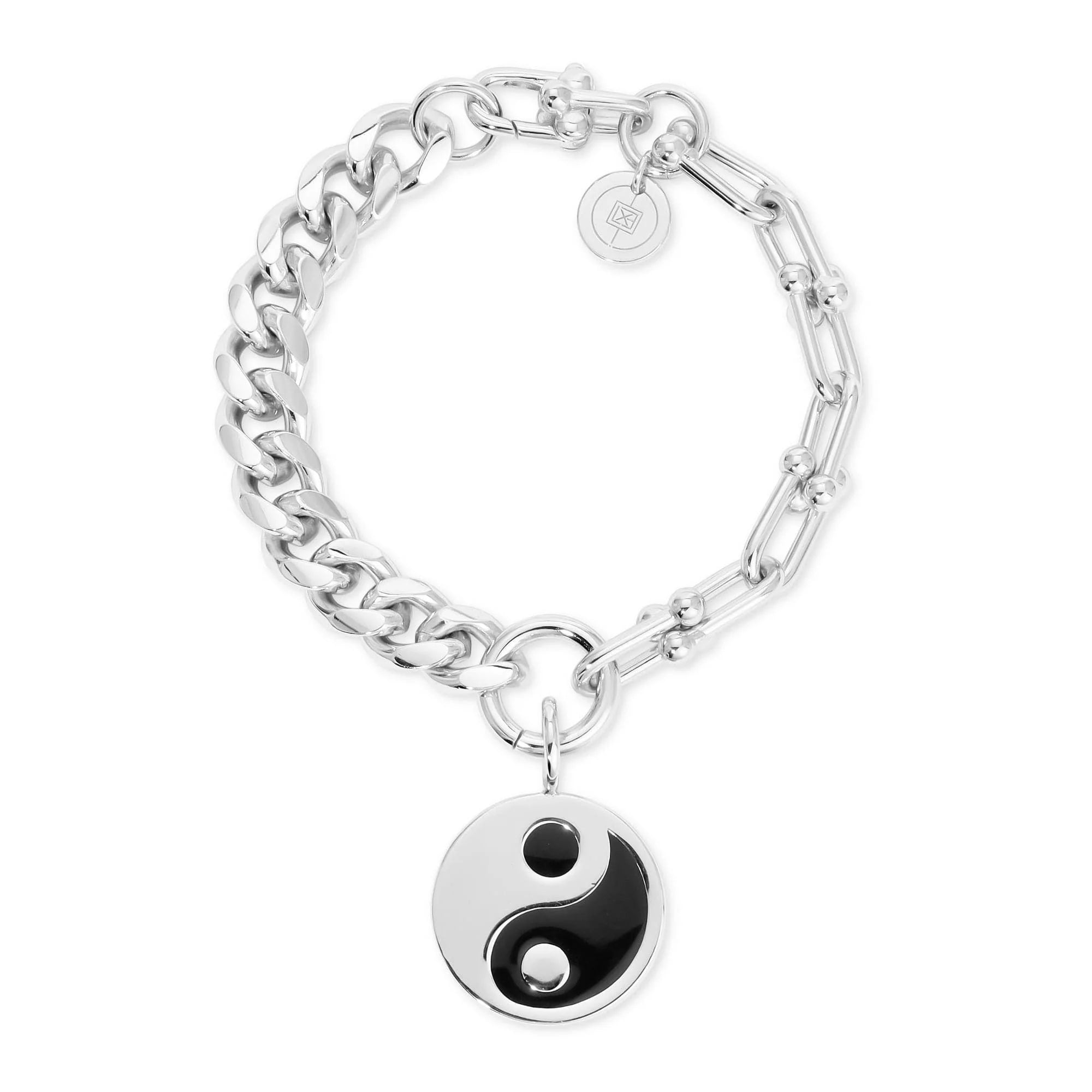 Silver chain bracelet with large enamel Yin Yang pendant, stylish jewelry accessory