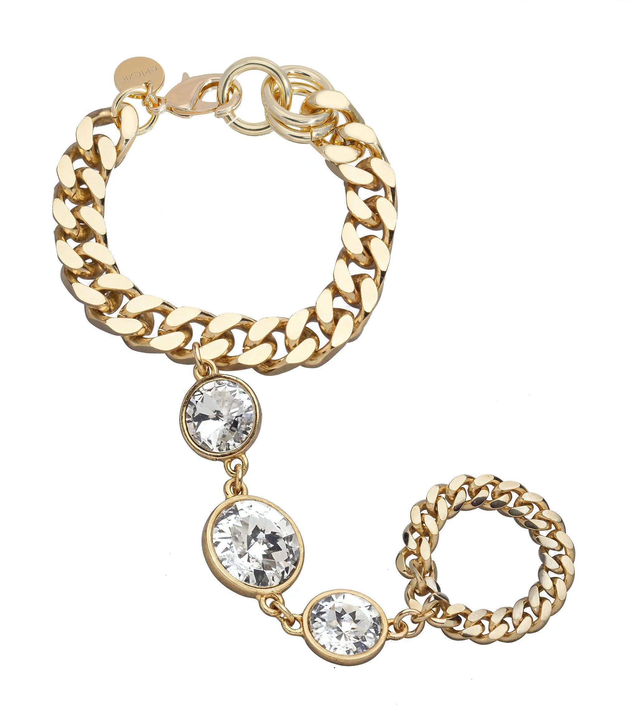 Gold chain bracelet with crystal charms on a white background