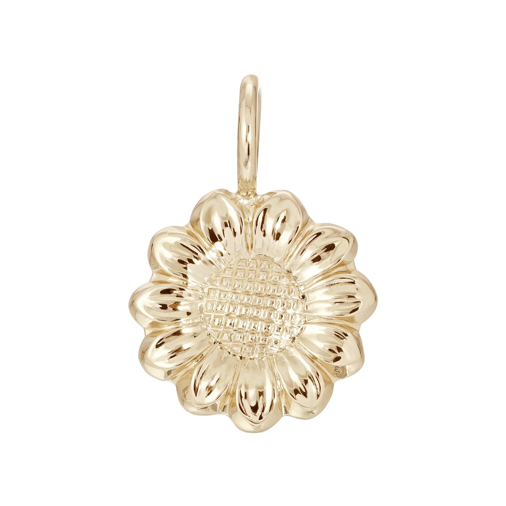 Gold sunflower pendant from Fleur Charm, perfect for a sunny vibe necklace