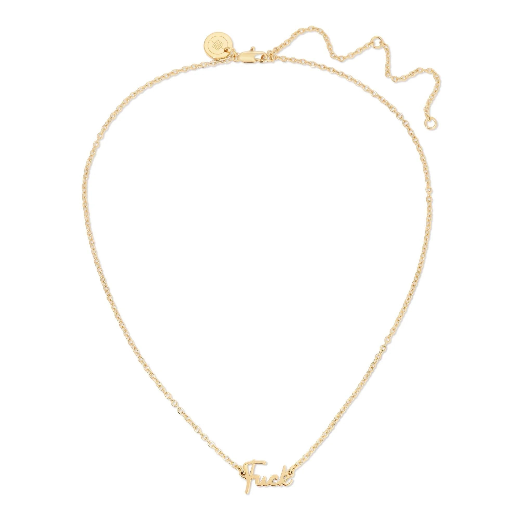 Gold necklace with whispered script pendant from Dainty Script Fuck Necklace product