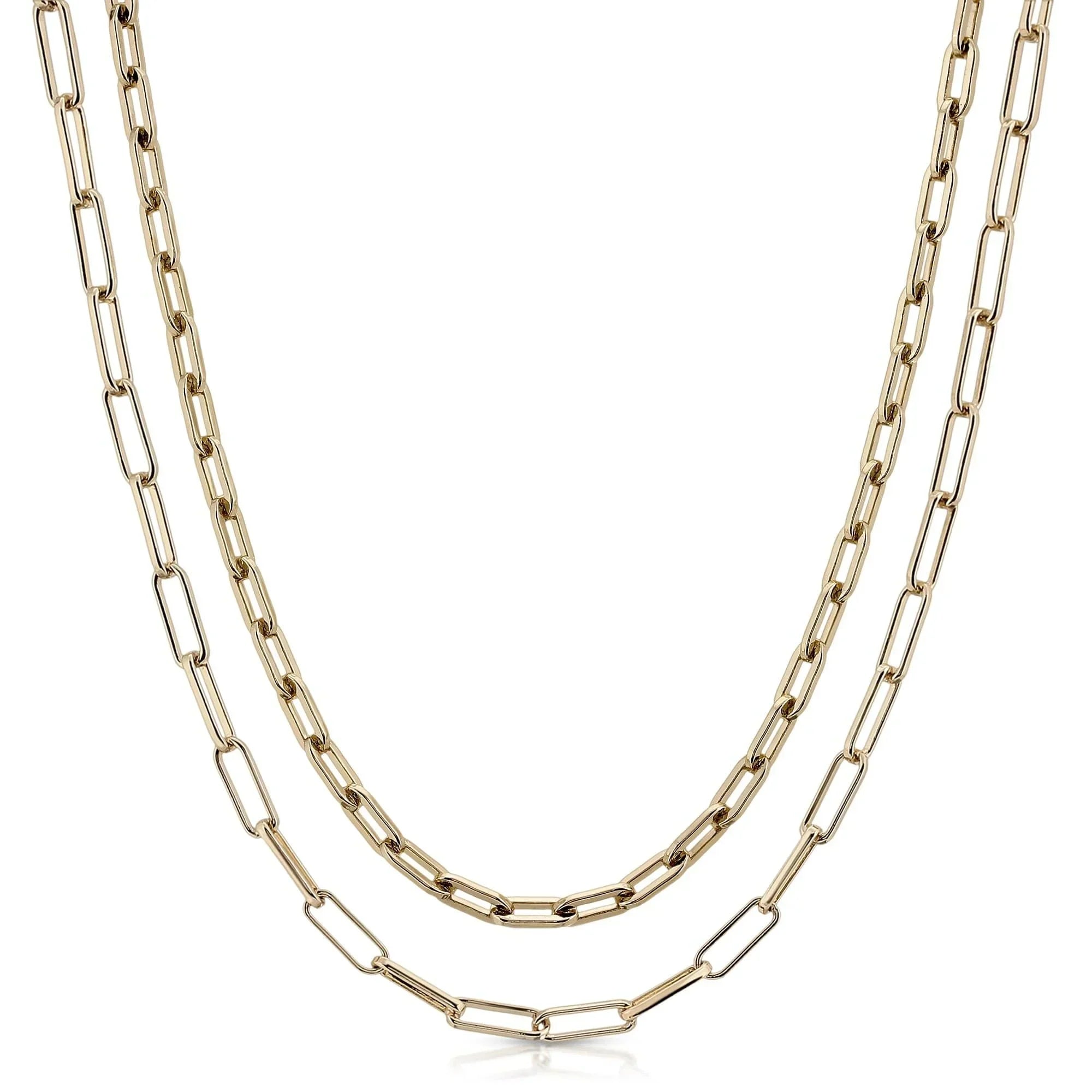 Gold chain necklaces featuring double medium and elongated link styles