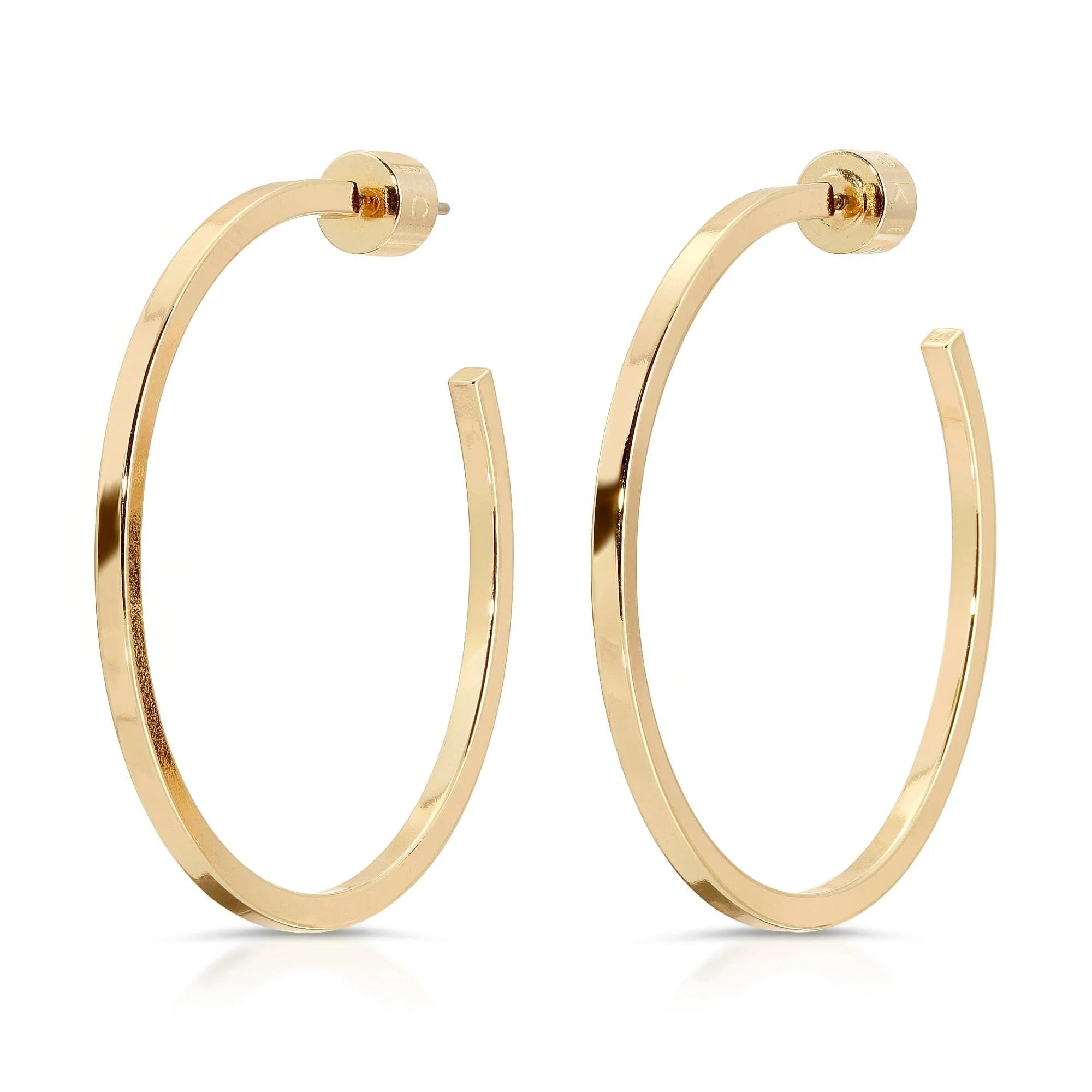 Shiny gold hoop earrings shown in the 1.5 inch Ava Hoops product image